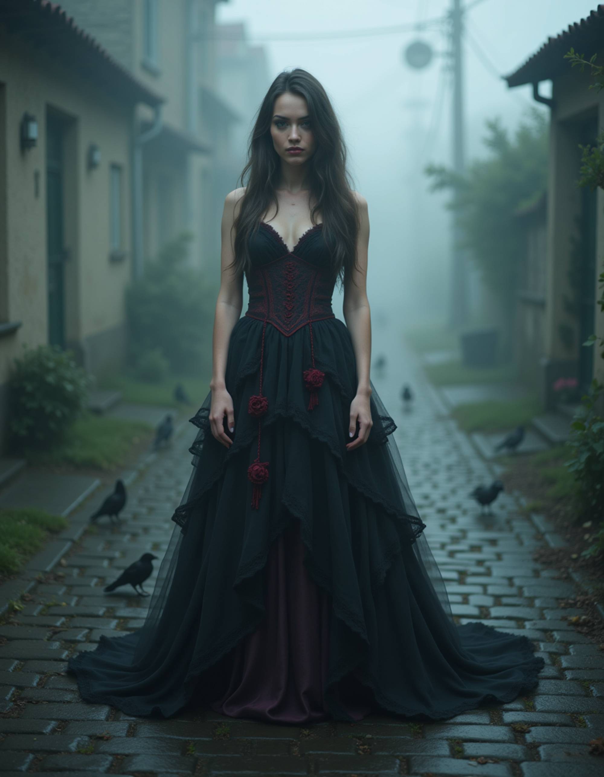 goth woman wearing a flowing black gown with crimson accents, standing on a cobblestone path surrounded by fog and crows, pale skin glowing against the dark atmosphere, haunting and regal gothic beauty.