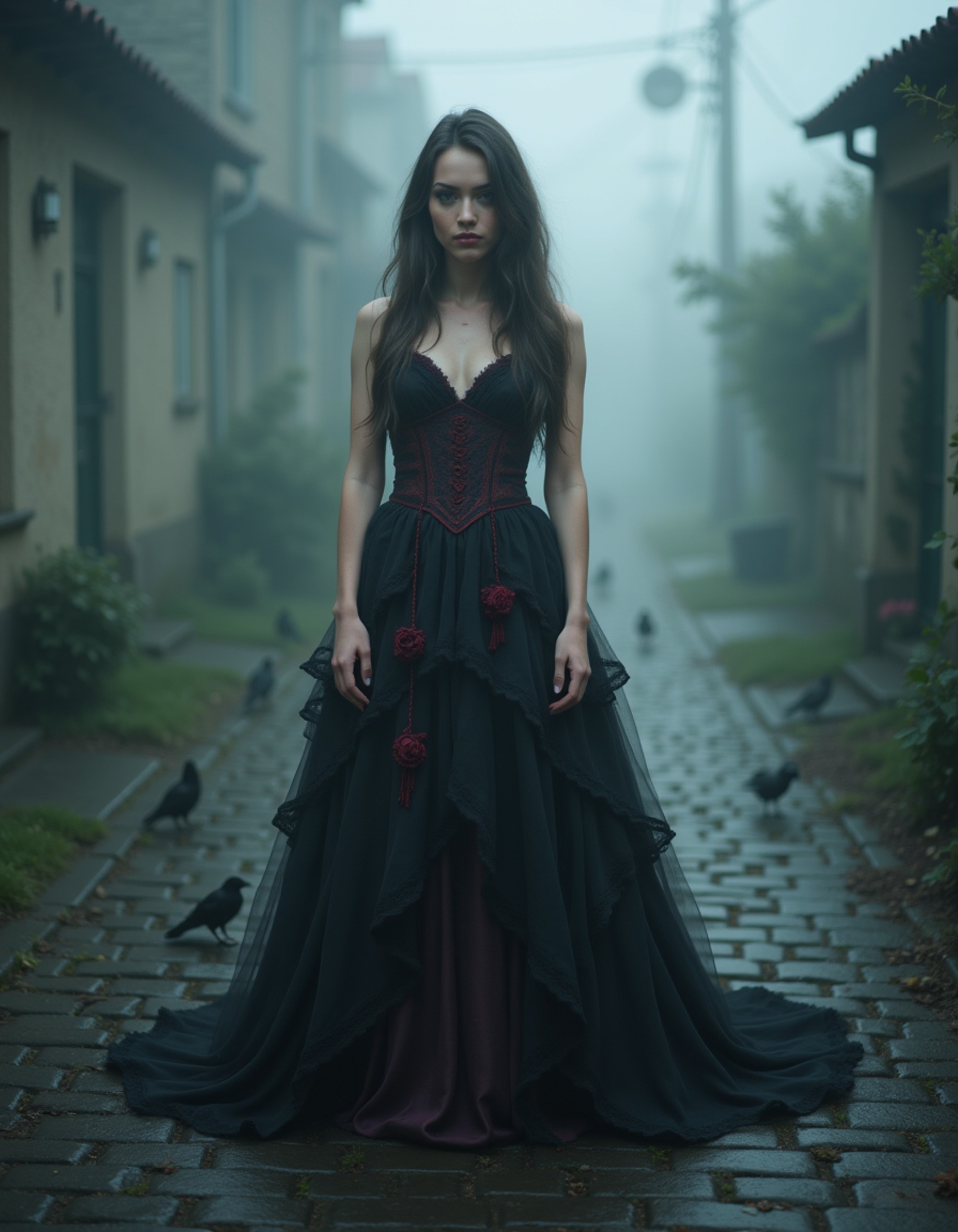 goth woman wearing a flowing black gown with crimson accents, standing on a cobblestone path surrounded by fog and crows, pale skin glowing against the dark atmosphere, haunting and regal gothic beauty.