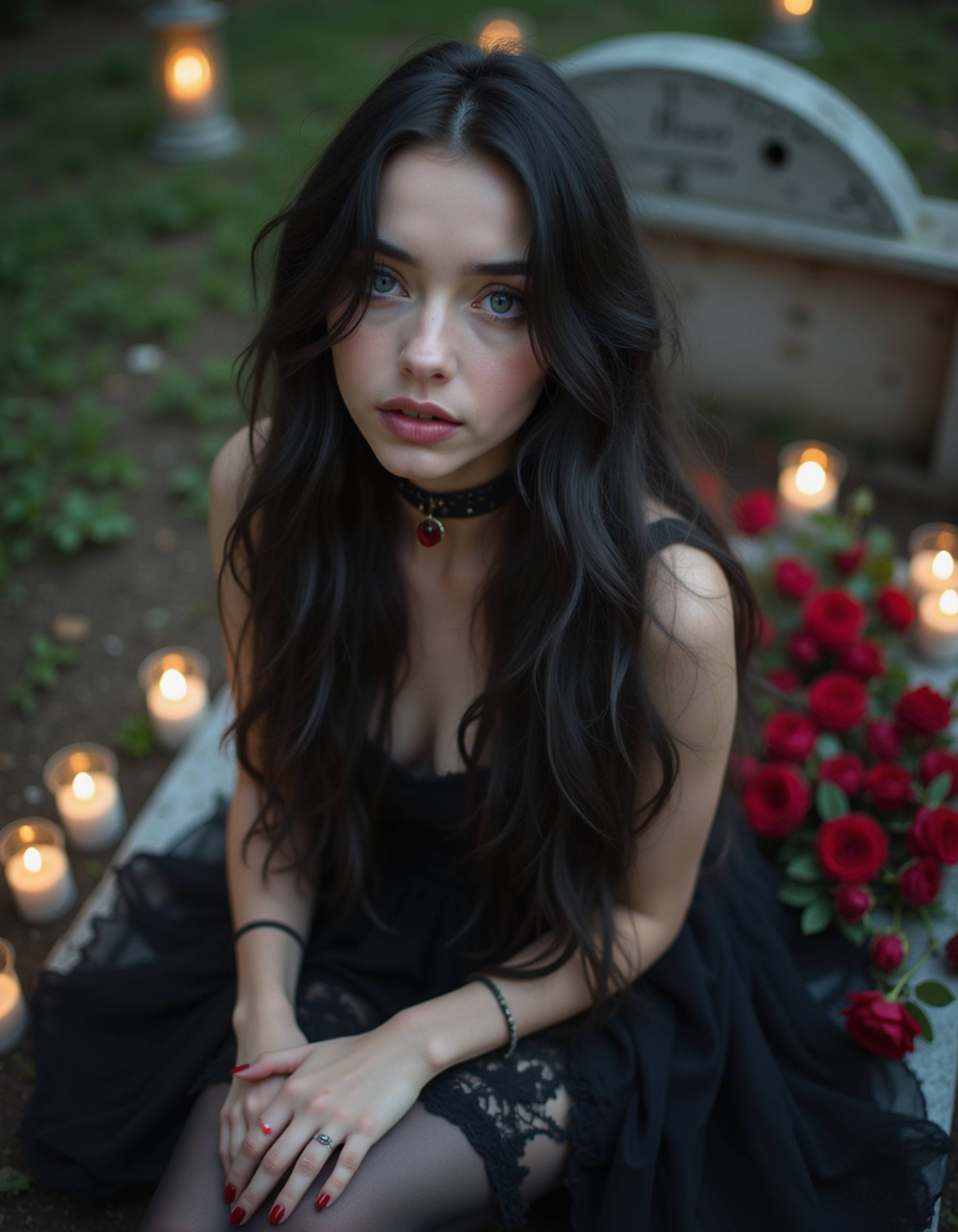 female goth model with long black hair and smoky eyes, wearing a sheer lace dress and choker with a blood-red gem, sitting on a marble tomb surrounded by roses and candlelight, deeply romantic gothic portrait.