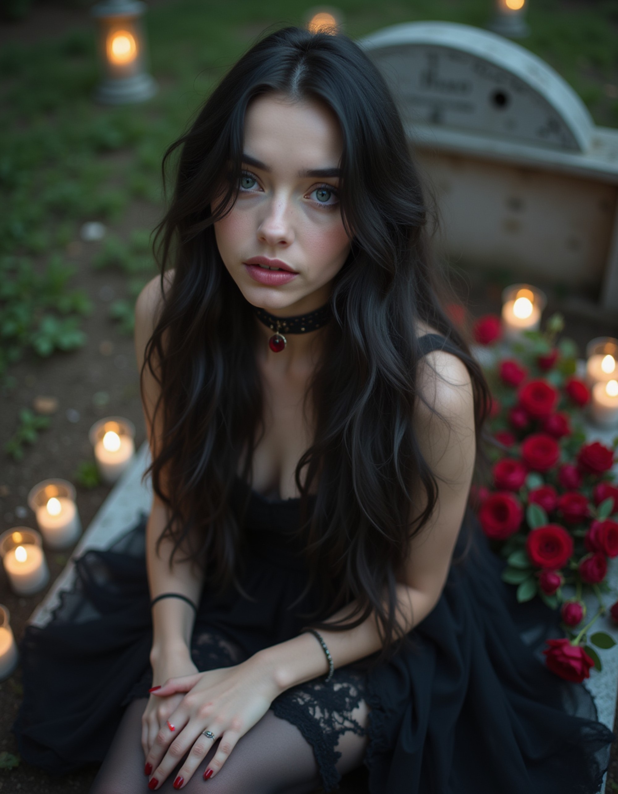 female goth model with long black hair and smoky eyes, wearing a sheer lace dress and choker with a blood-red gem, sitting on a marble tomb surrounded by roses and candlelight, deeply romantic gothic portrait.