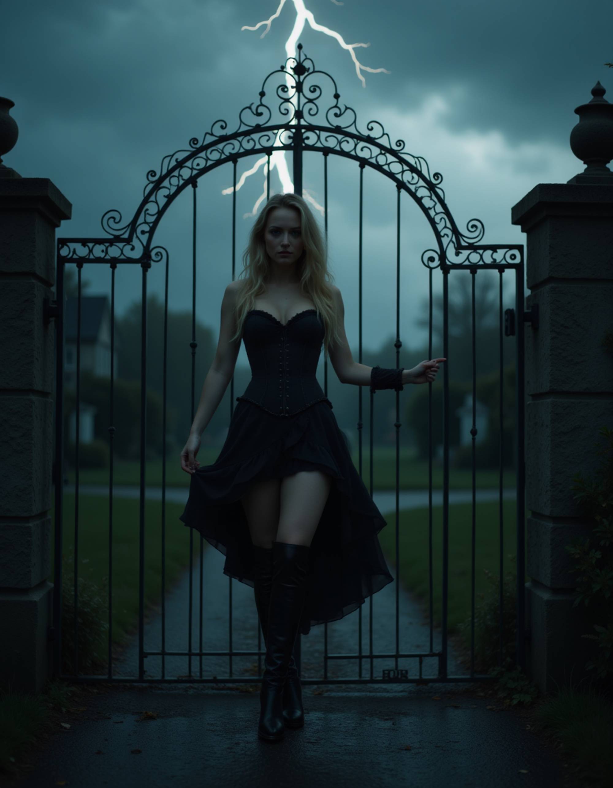 goth girl in a Victorian corset and high boots, leaning against a wrought-iron gate under stormy skies, wind blowing her hair as lightning illuminates her silhouette, dramatic and powerful gothic tone.