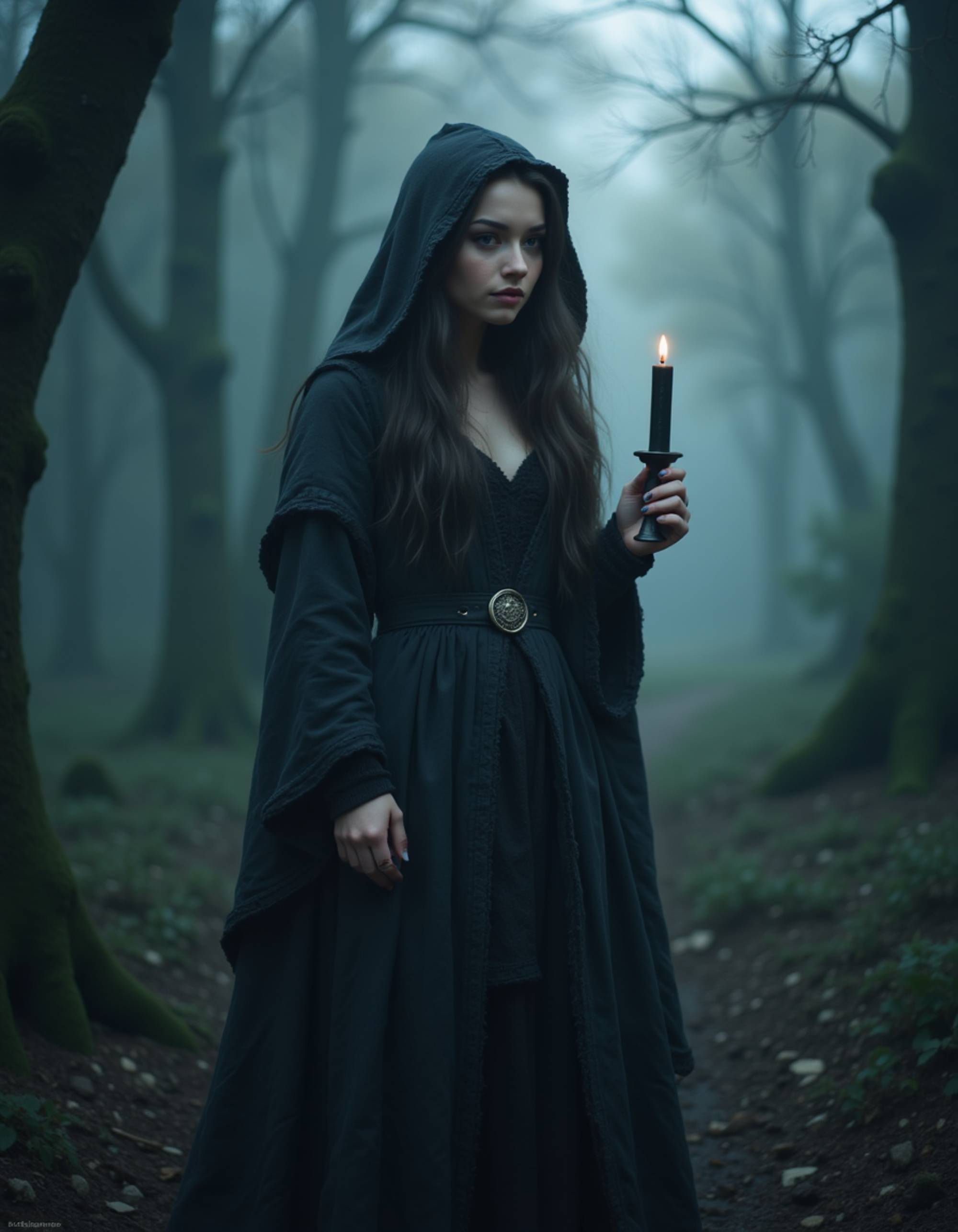 female goth model draped in a dark hooded cloak, standing in a moonlit forest with swirling mist and ancient stone ruins, holding a black candle, ethereal and witchy gothic fantasy atmosphere.