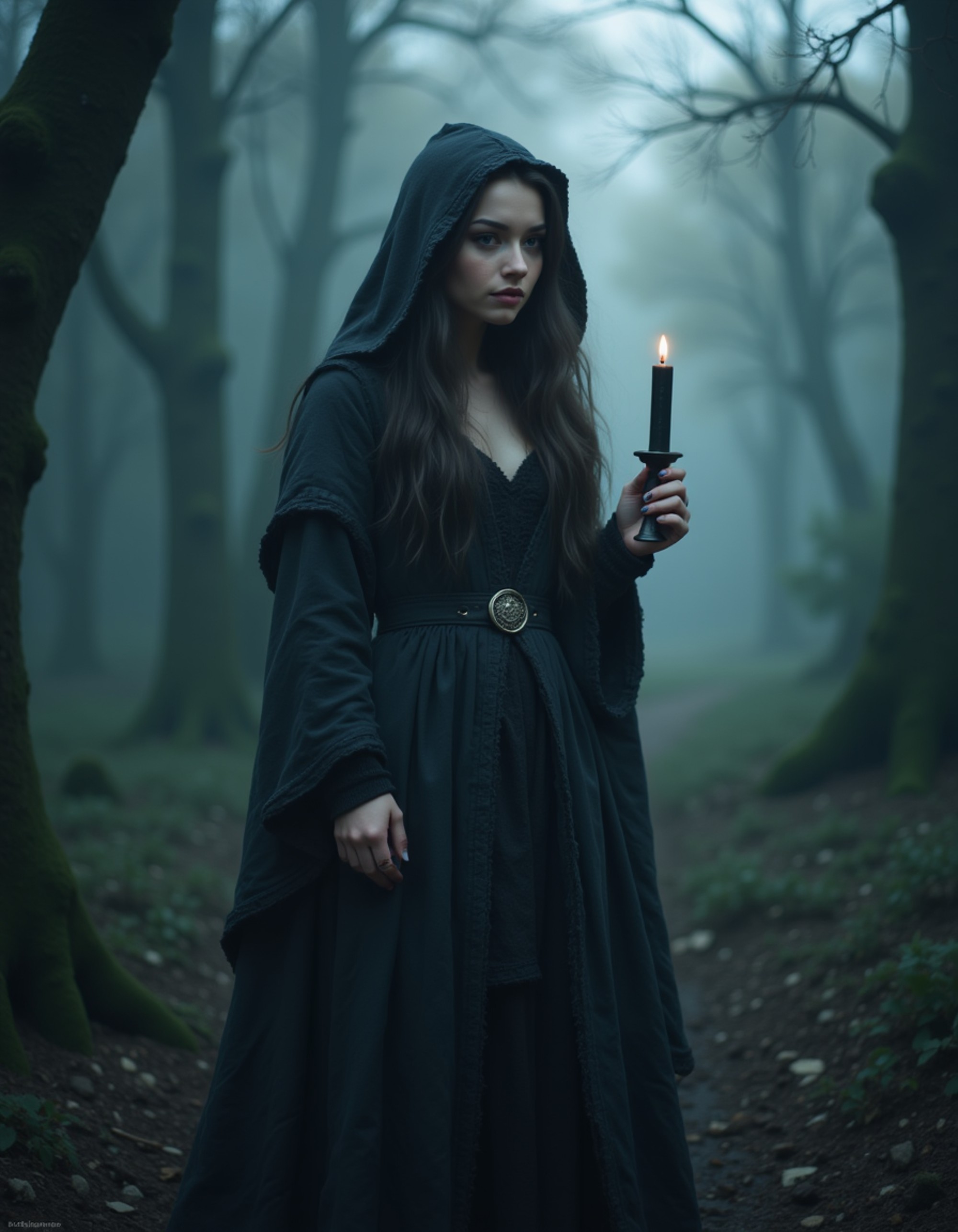 female goth model draped in a dark hooded cloak, standing in a moonlit forest with swirling mist and ancient stone ruins, holding a black candle, ethereal and witchy gothic fantasy atmosphere.