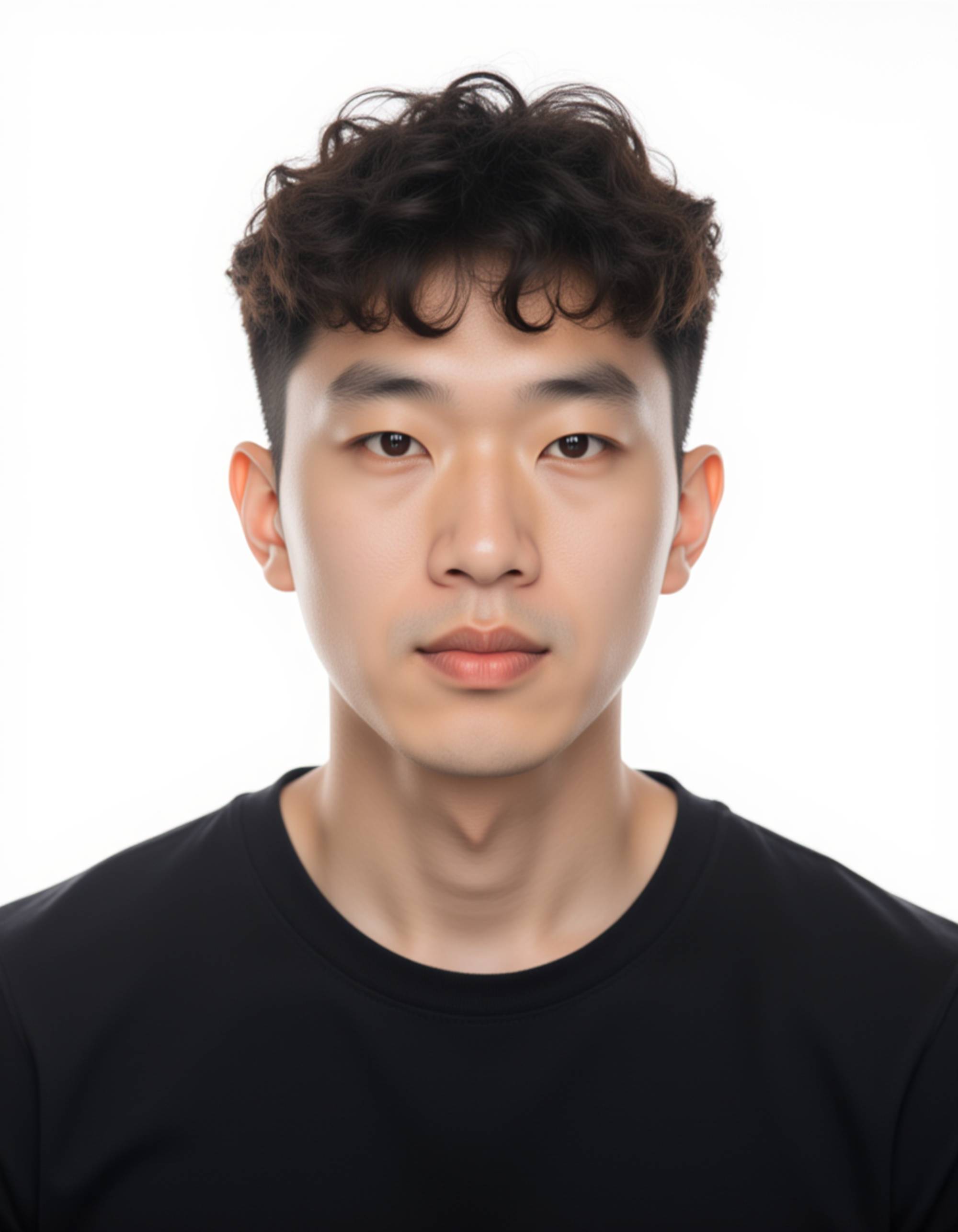 professional passport photo of the model for US passport, neutral expression, looking straight at camera, plain white background, studio lighting, no accessories, symmetrical composition, ID photo
