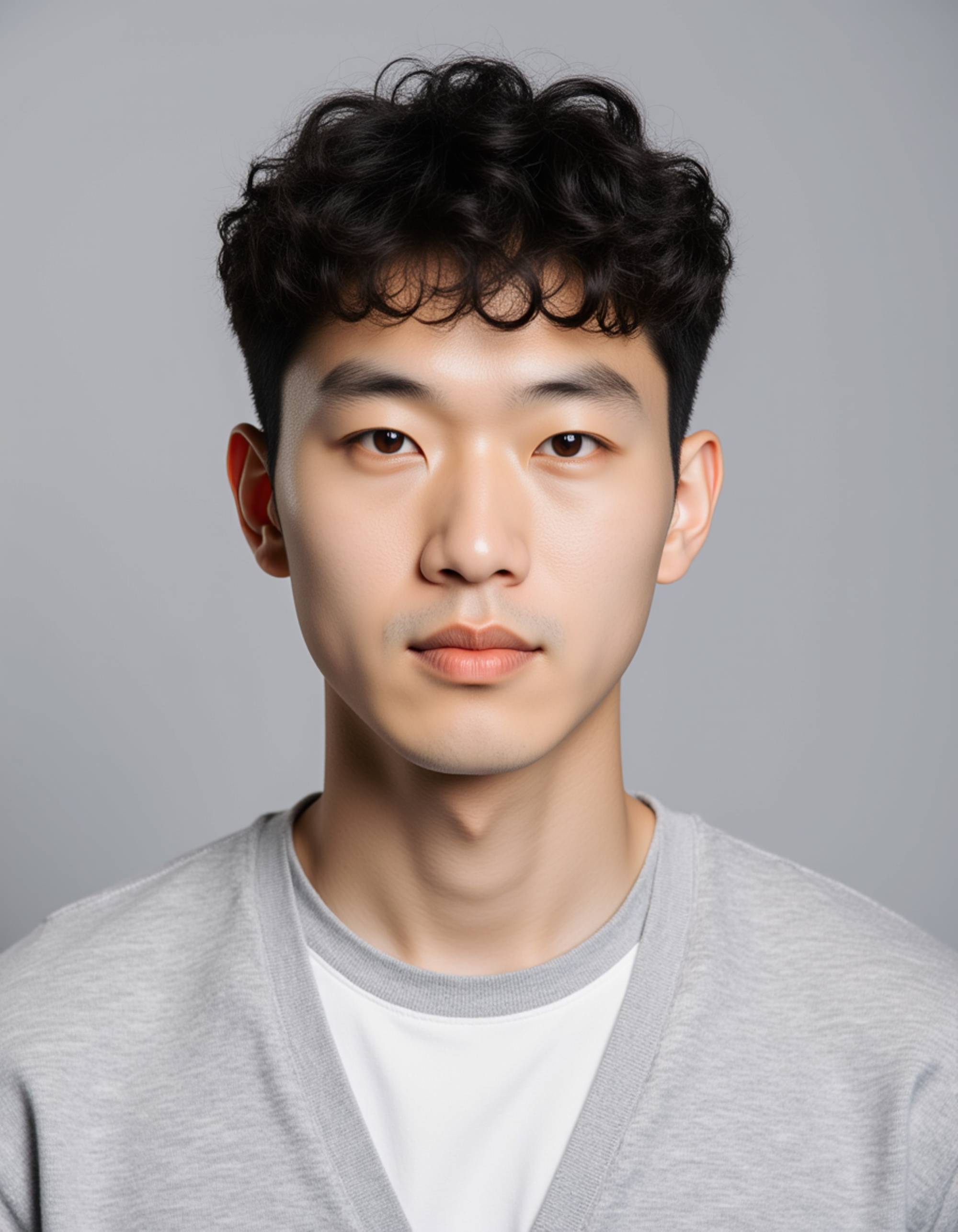 professional passport photo of the model for French passport, neutral expression, centered head, plain light gray background, soft daylight, no accessories, ID-style photo