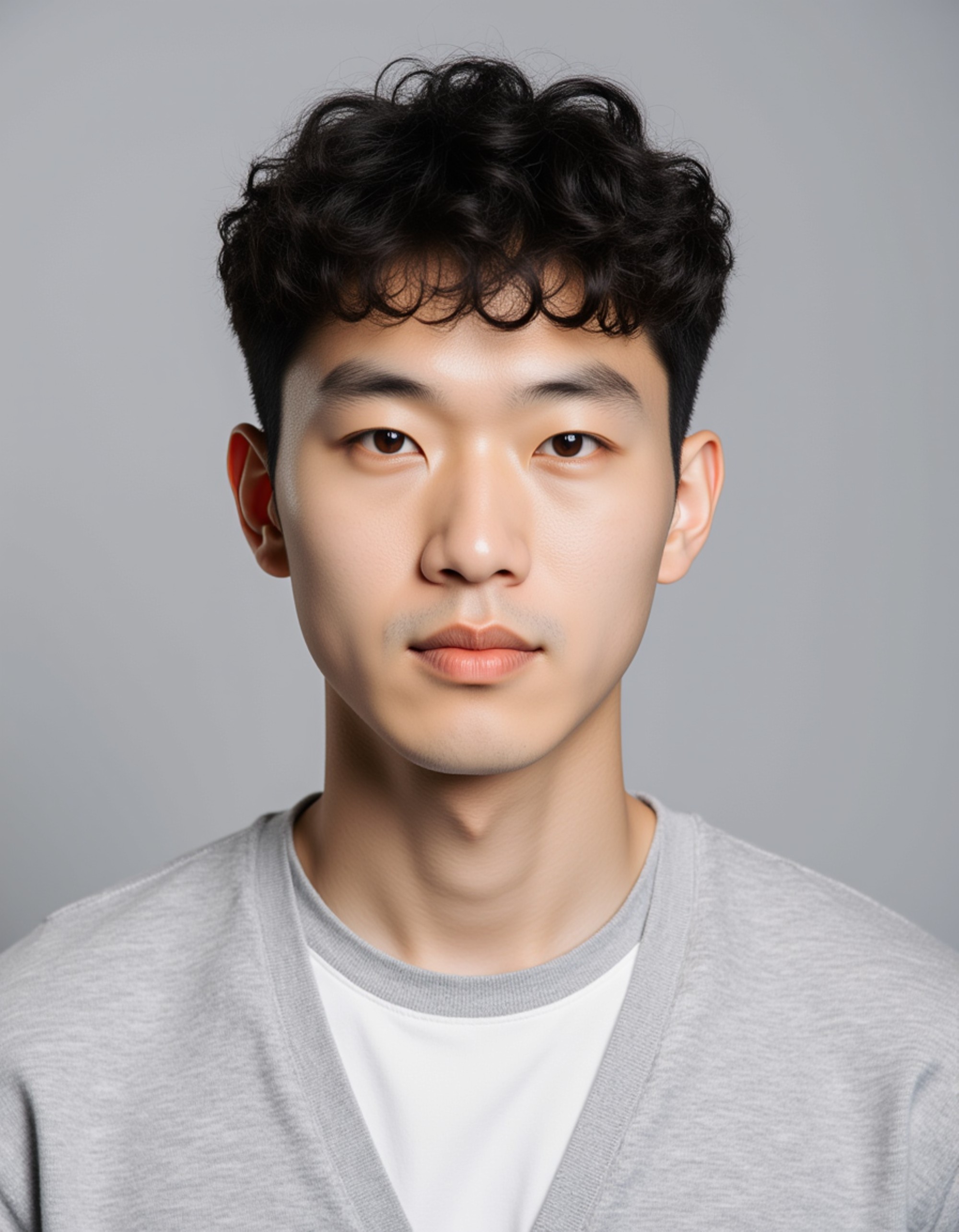 professional passport photo of the model for French passport, neutral expression, centered head, plain light gray background, soft daylight, no accessories, ID-style photo