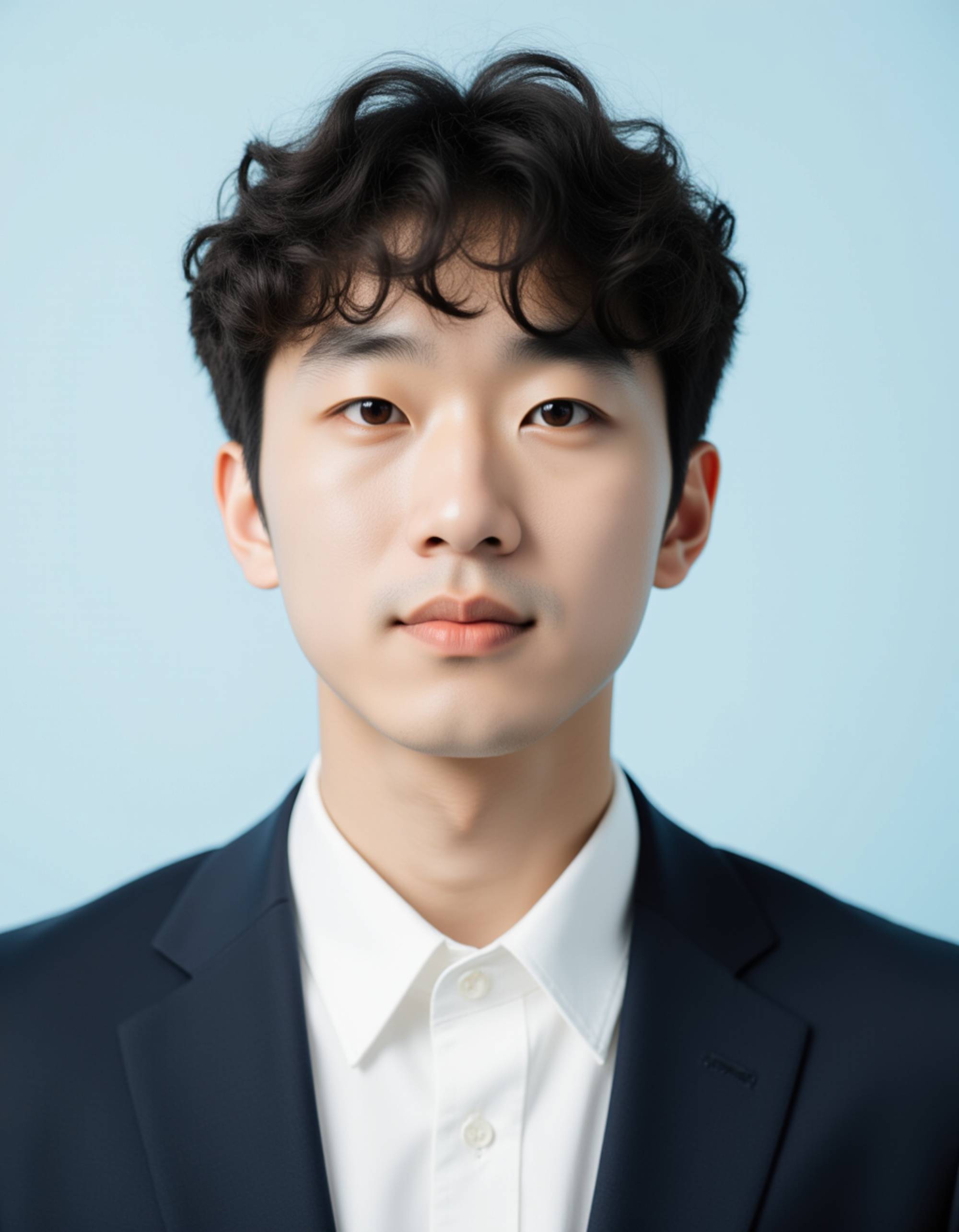 professional passport photo of the model for Japanese passport, neutral expression, looking straight at camera, plain pale blue background, balanced soft lighting, no shadows, symmetrical composition, ID photo