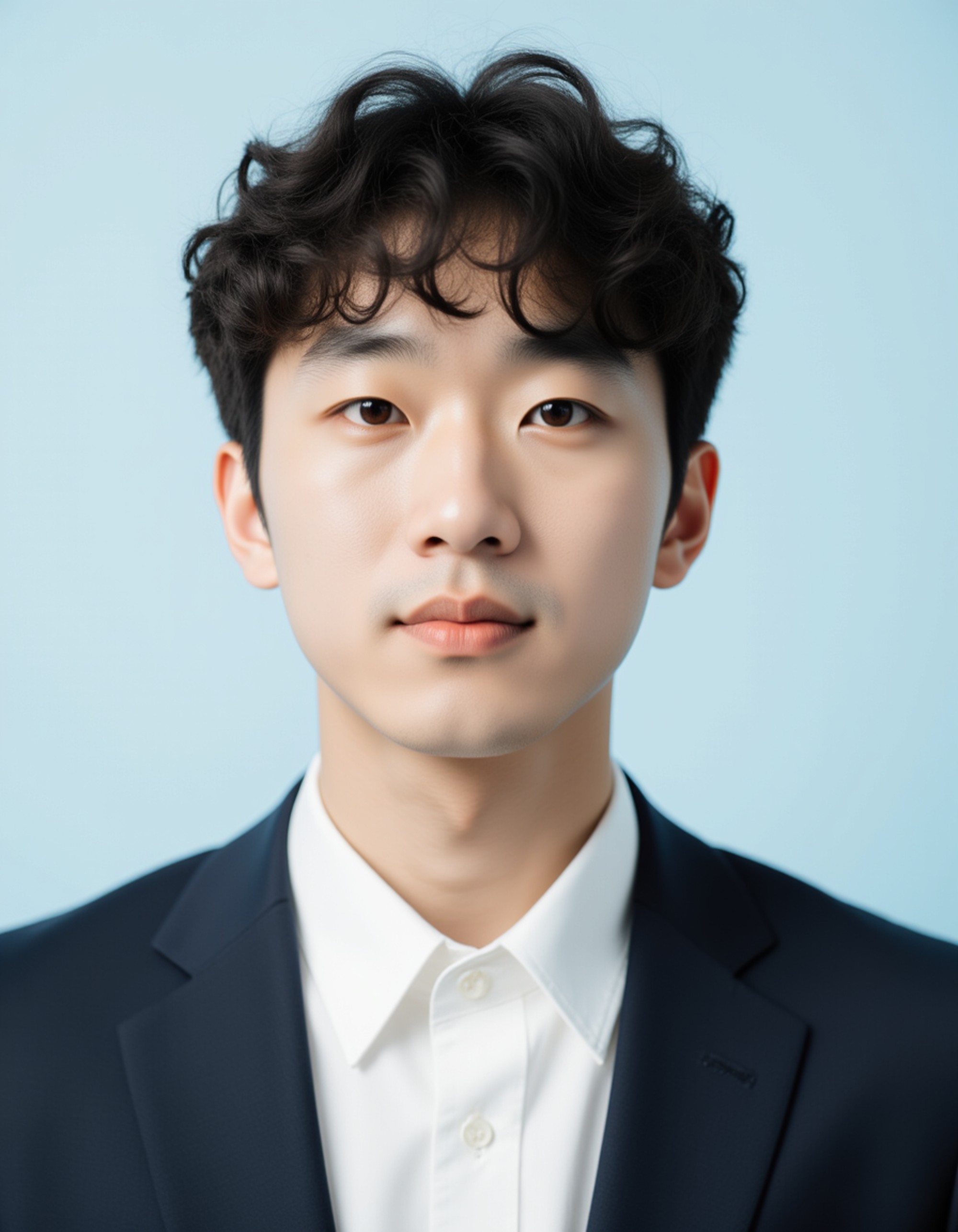 professional passport photo of the model for Japanese passport, neutral expression, looking straight at camera, plain pale blue background, balanced soft lighting, no shadows, symmetrical composition, ID photo