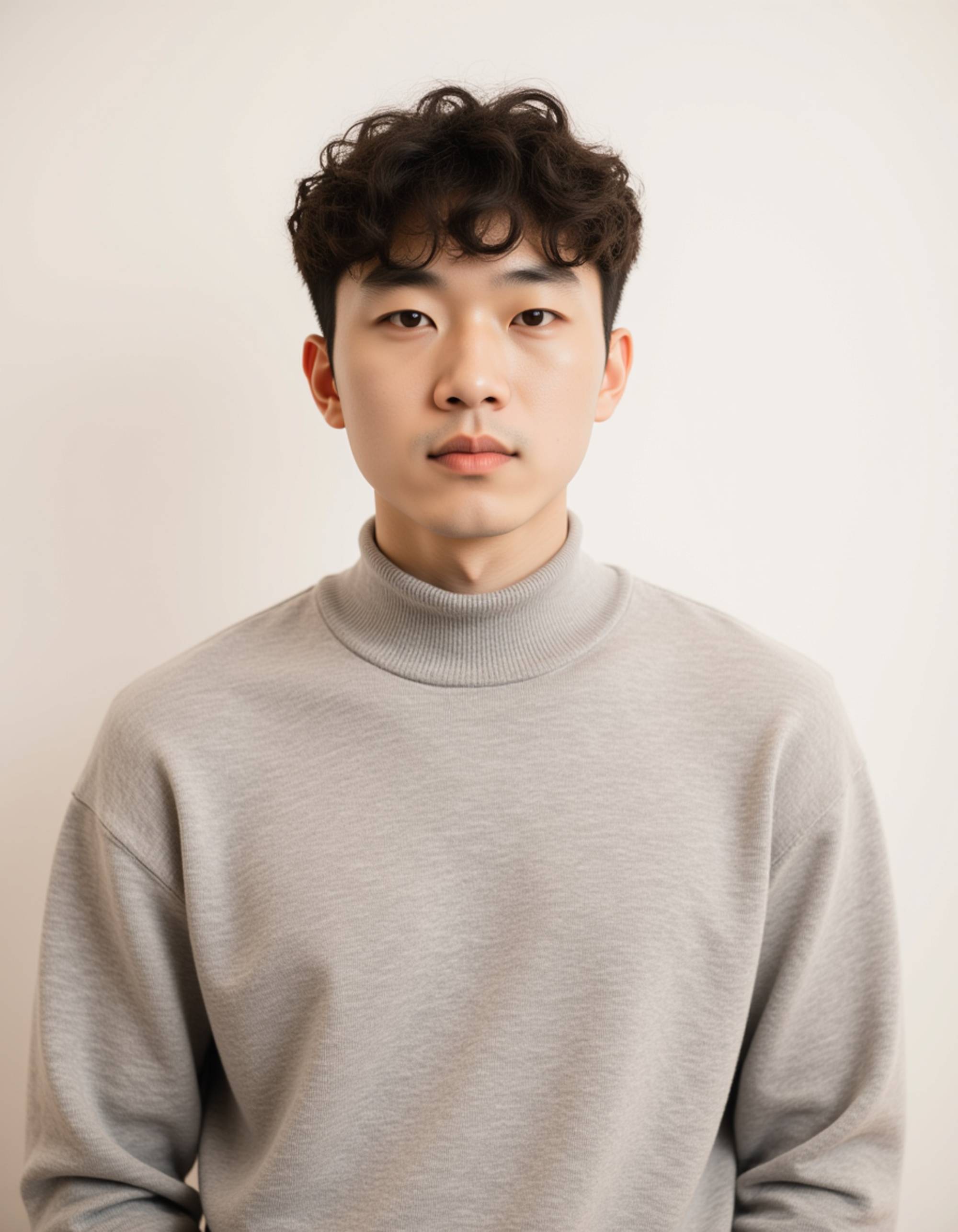 professional passport photo of the model for Canadian passport, neutral expression, looking straight at camera, plain off-white background, even lighting, no jewelry or hats, symmetrical framing, ID-style