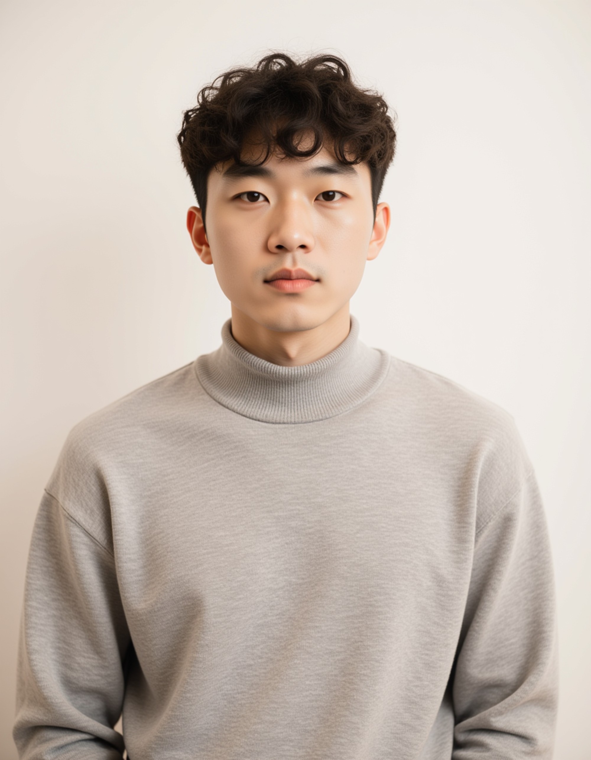 professional passport photo of the model for Canadian passport, neutral expression, looking straight at camera, plain off-white background, even lighting, no jewelry or hats, symmetrical framing, ID-style