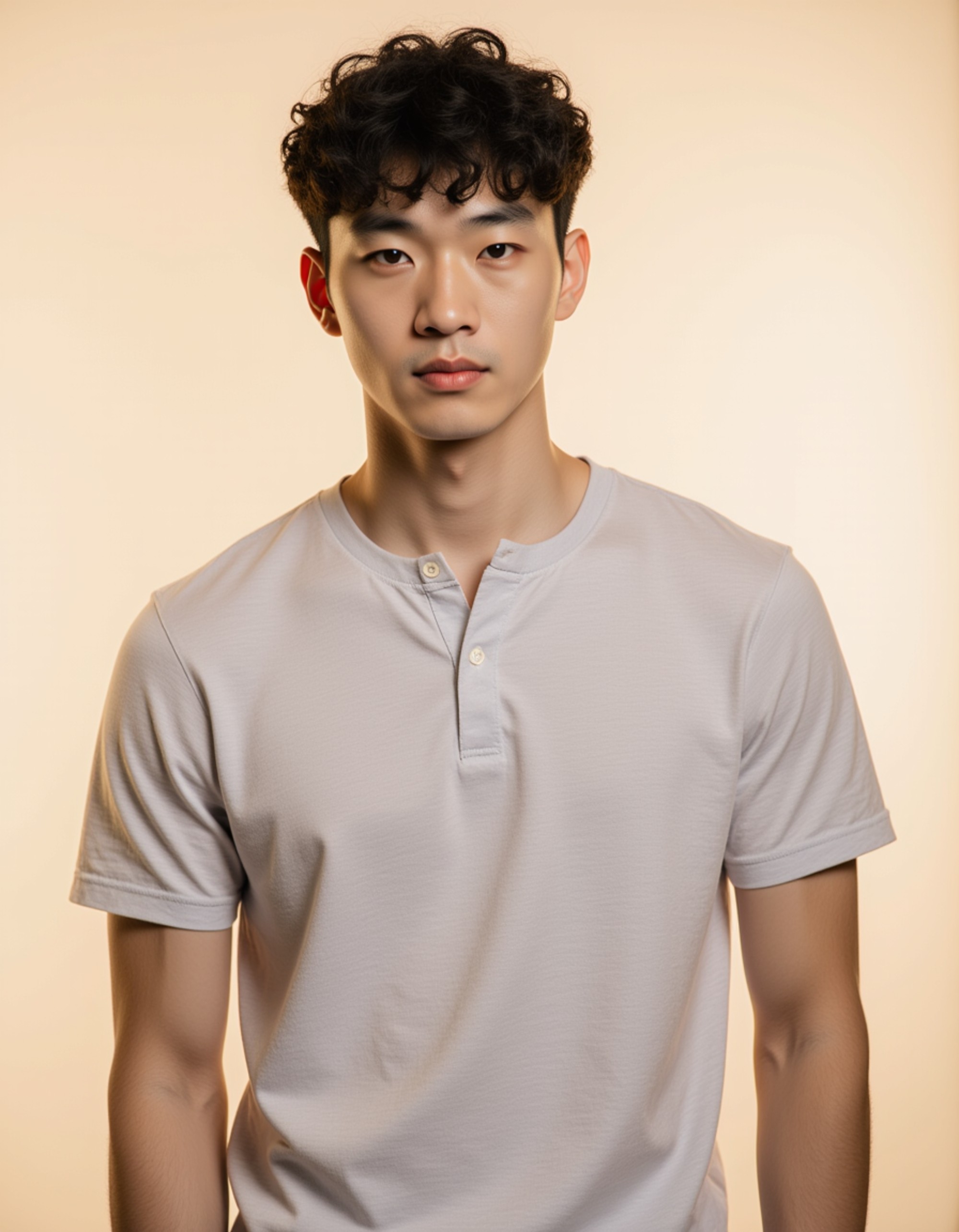 professional passport photo of the model for Indian passport, neutral expression, looking straight at camera, plain cream background, soft studio lighting, no accessories, clear facial visibility, ID photo