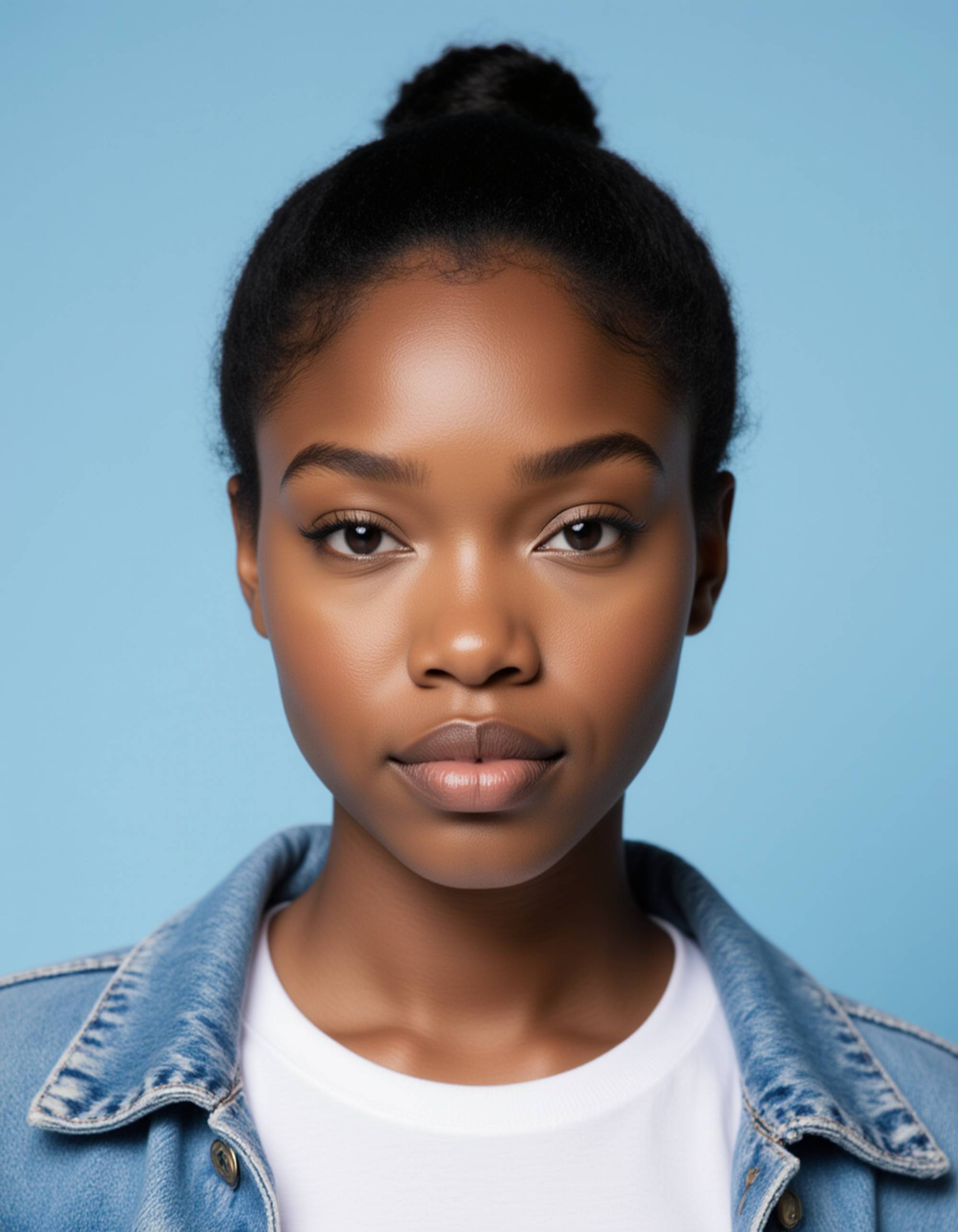 professional passport photo of the model for German passport, neutral expression, looking straight at camera, plain light blue background, soft flash lighting, no accessories, symmetrical composition, ID photo