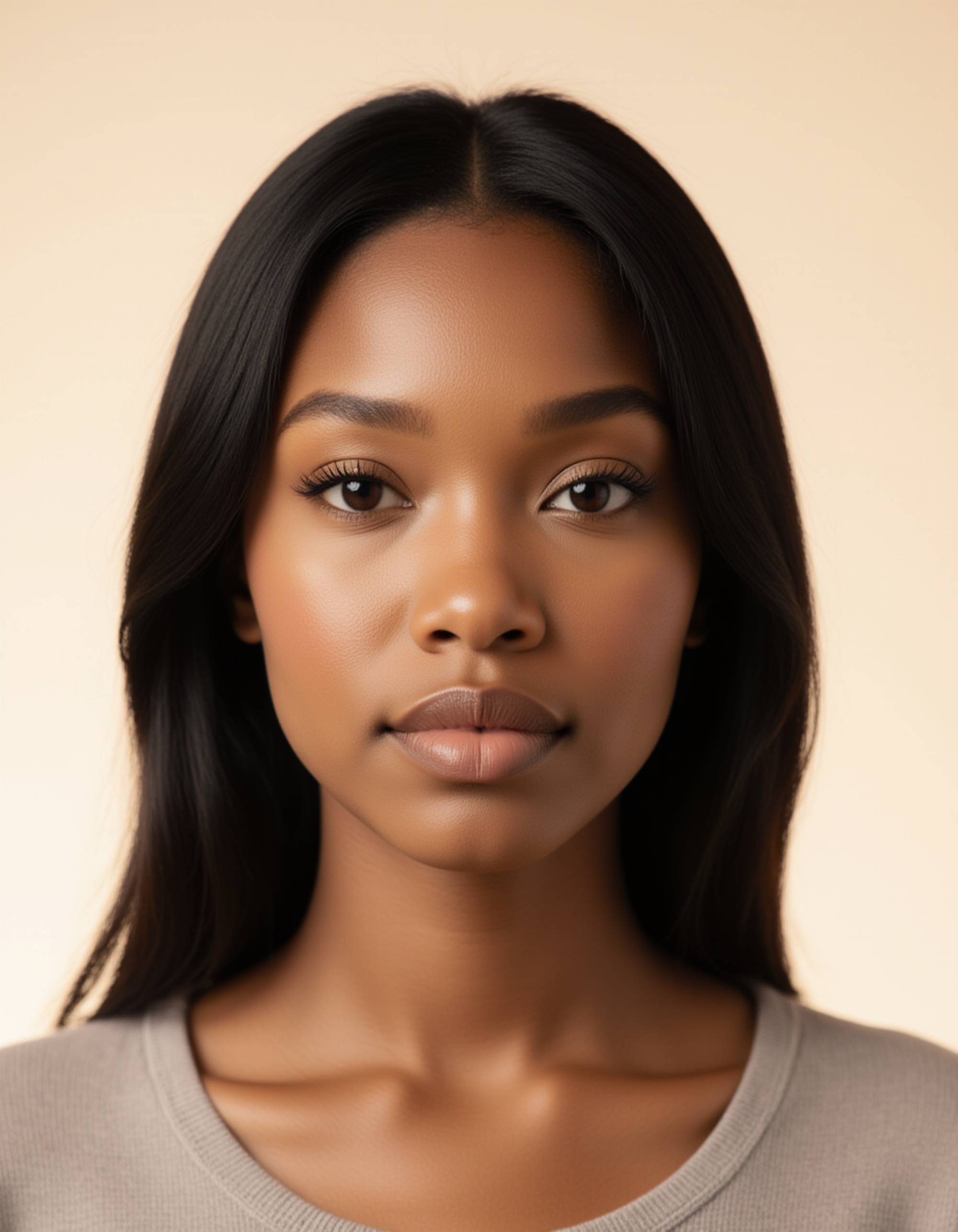 professional passport photo of the model for Italian passport, neutral expression, centered head, plain ivory background, balanced lighting, no shadows, no jewelry, ID-style photo