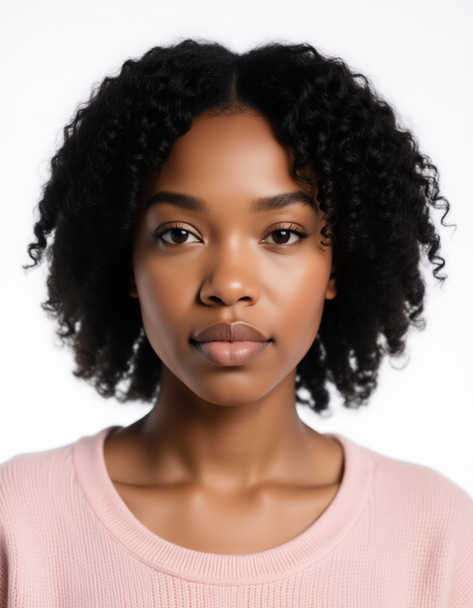 professional passport photo of the model for Brazilian passport, neutral expression, looking straight at camera, plain white background, bright daylight, no accessories, symmetrical composition, ID photo