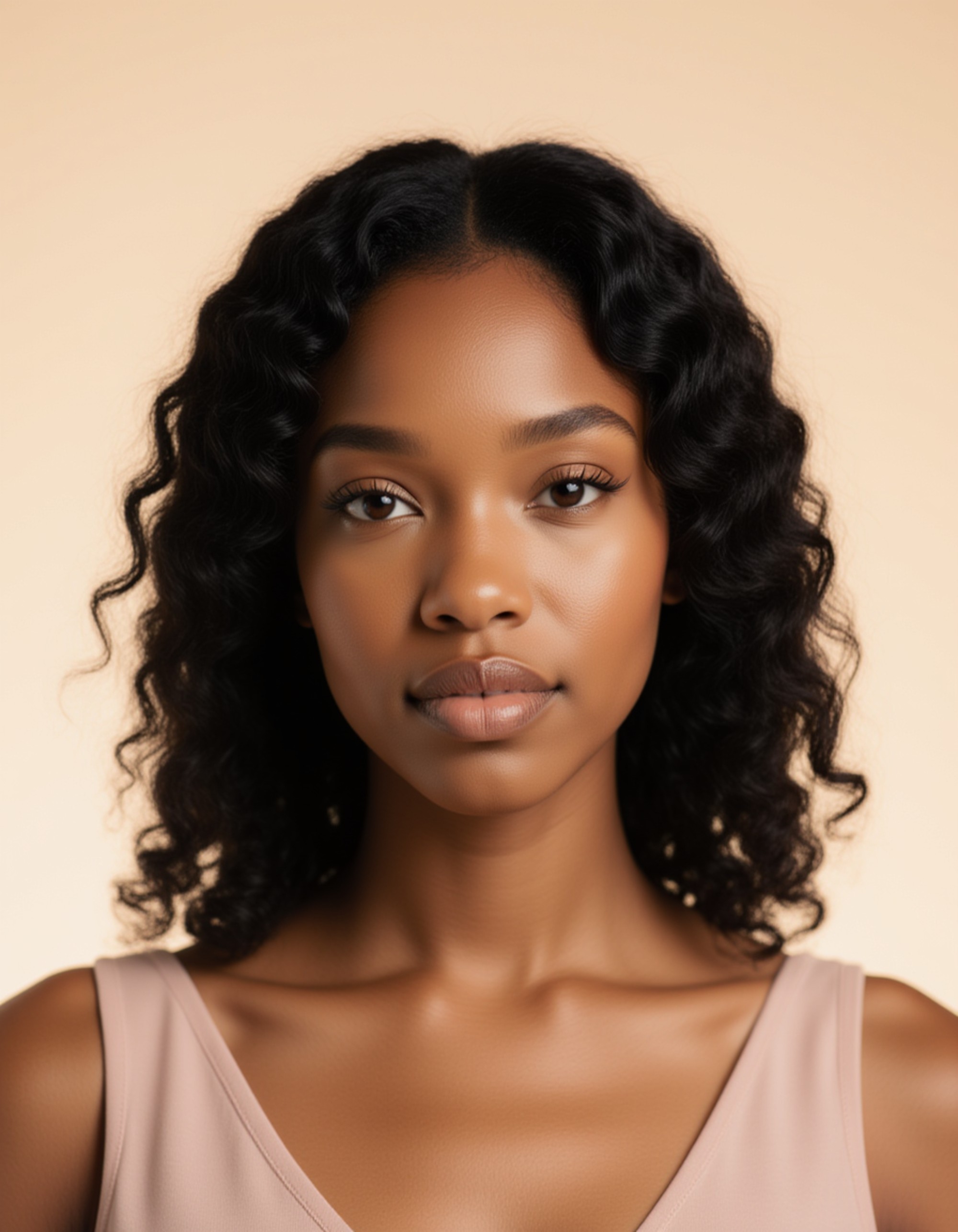 professional passport photo of the model for UK passport, neutral expression, looking straight at camera, plain cream background, soft studio lighting, no hats or glasses, symmetrical composition, ID photo