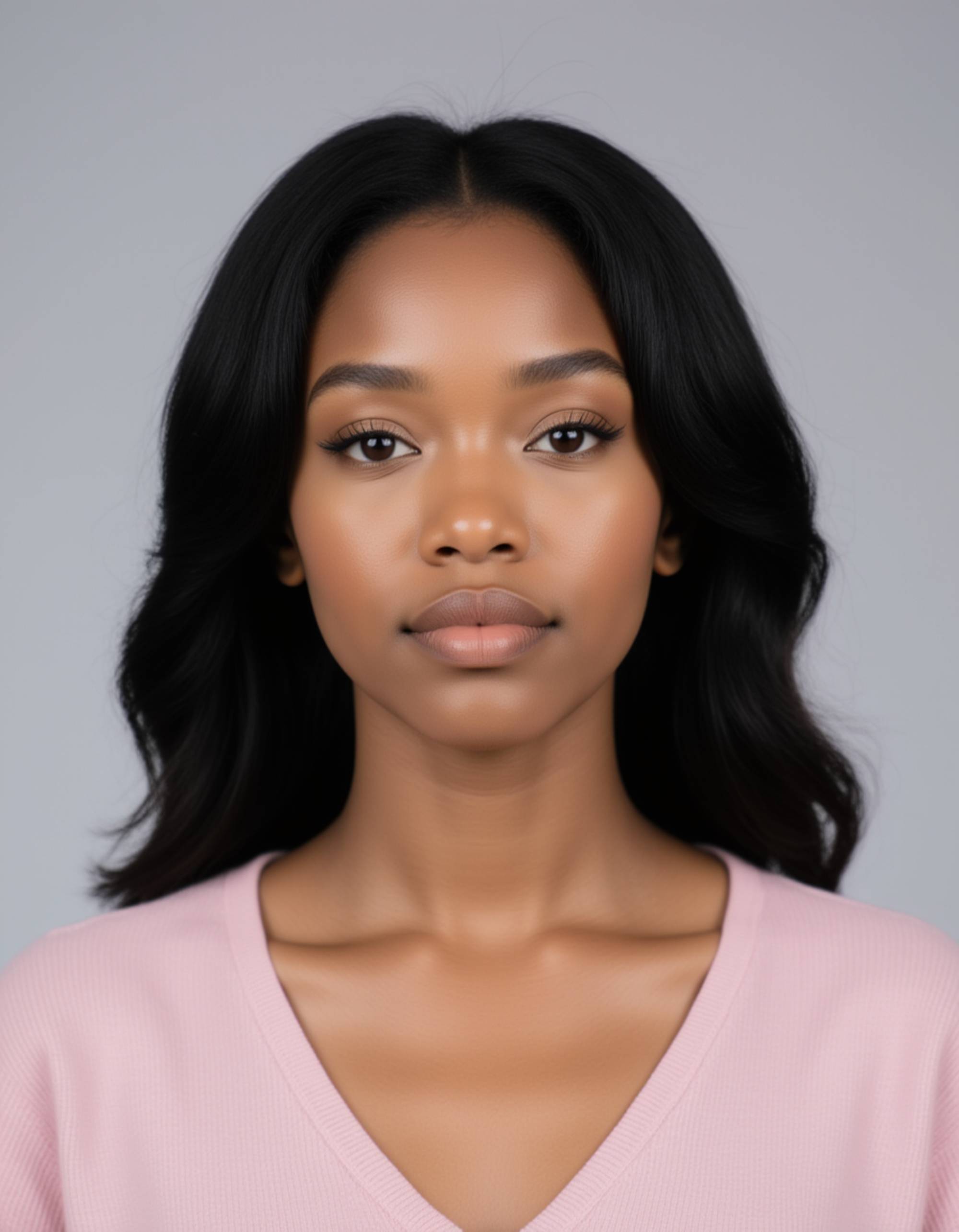 professional passport photo of the model for Moroccan passport, neutral expression, centered head, plain light gray background, balanced soft lighting, no shadows, symmetrical composition, ID-style