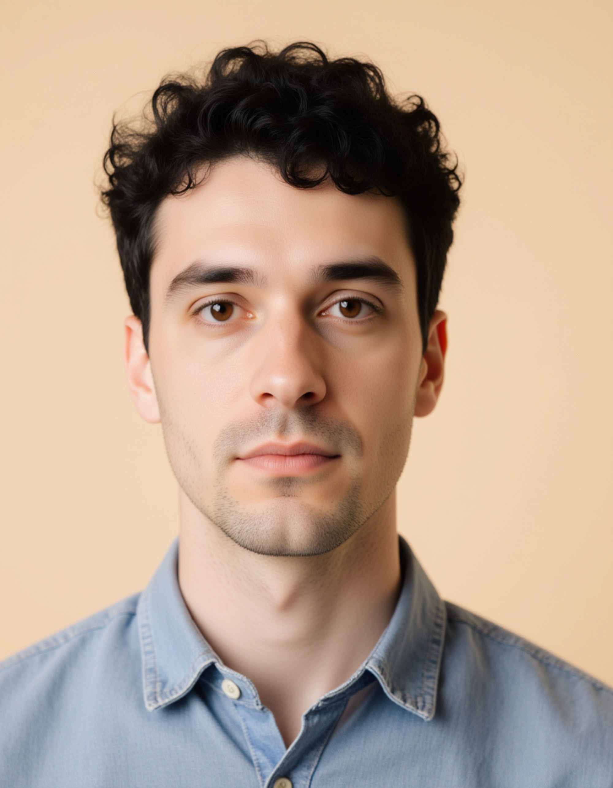 professional passport photo of the model for Spanish passport, neutral expression, looking straight at camera, plain light beige background, natural daylight, no accessories, symmetrical composition, ID photo