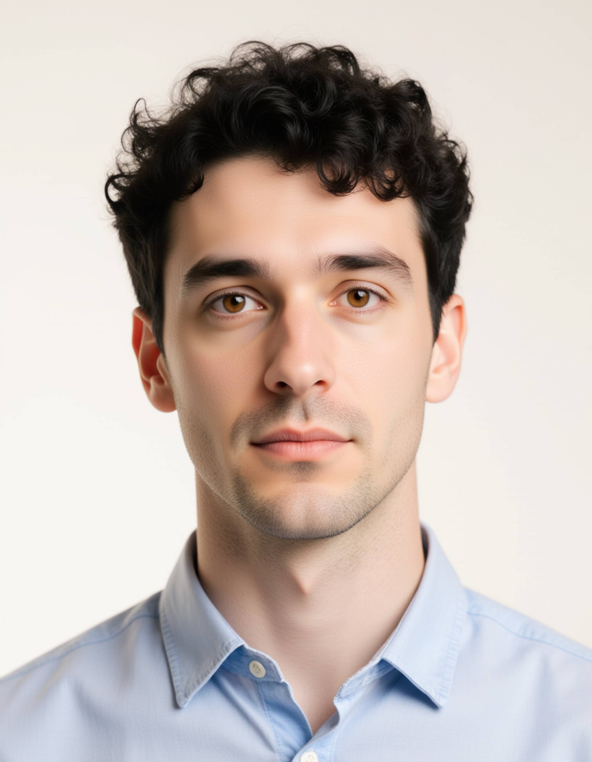 professional passport photo of the model for Australian passport, neutral expression, centered head, plain off-white background, soft studio lighting, no jewelry or hats, ID-style photo