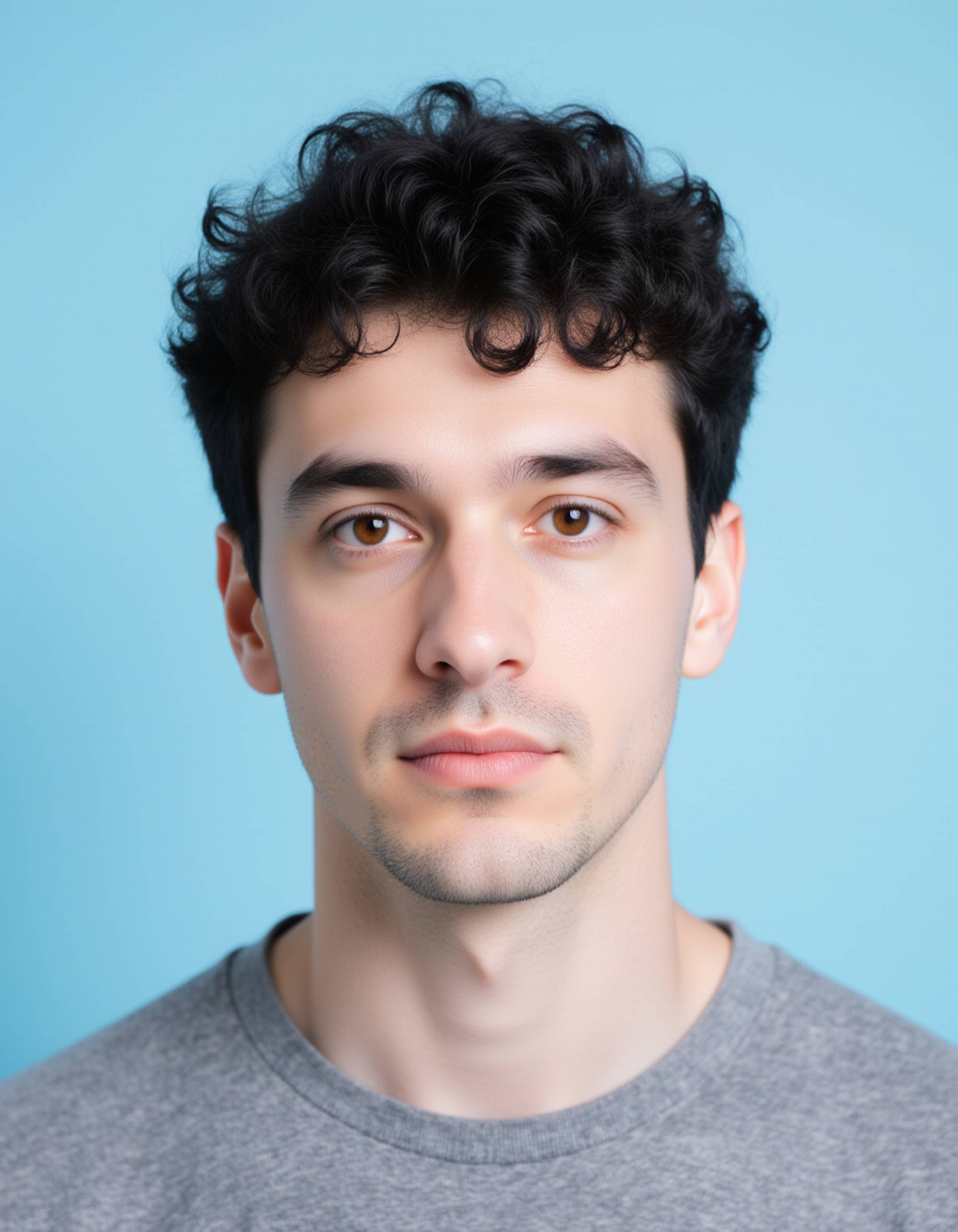 professional passport photo of the model for Chinese passport, neutral expression, looking straight at camera, plain pale blue background, even lighting, no accessories, symmetrical framing, ID photo