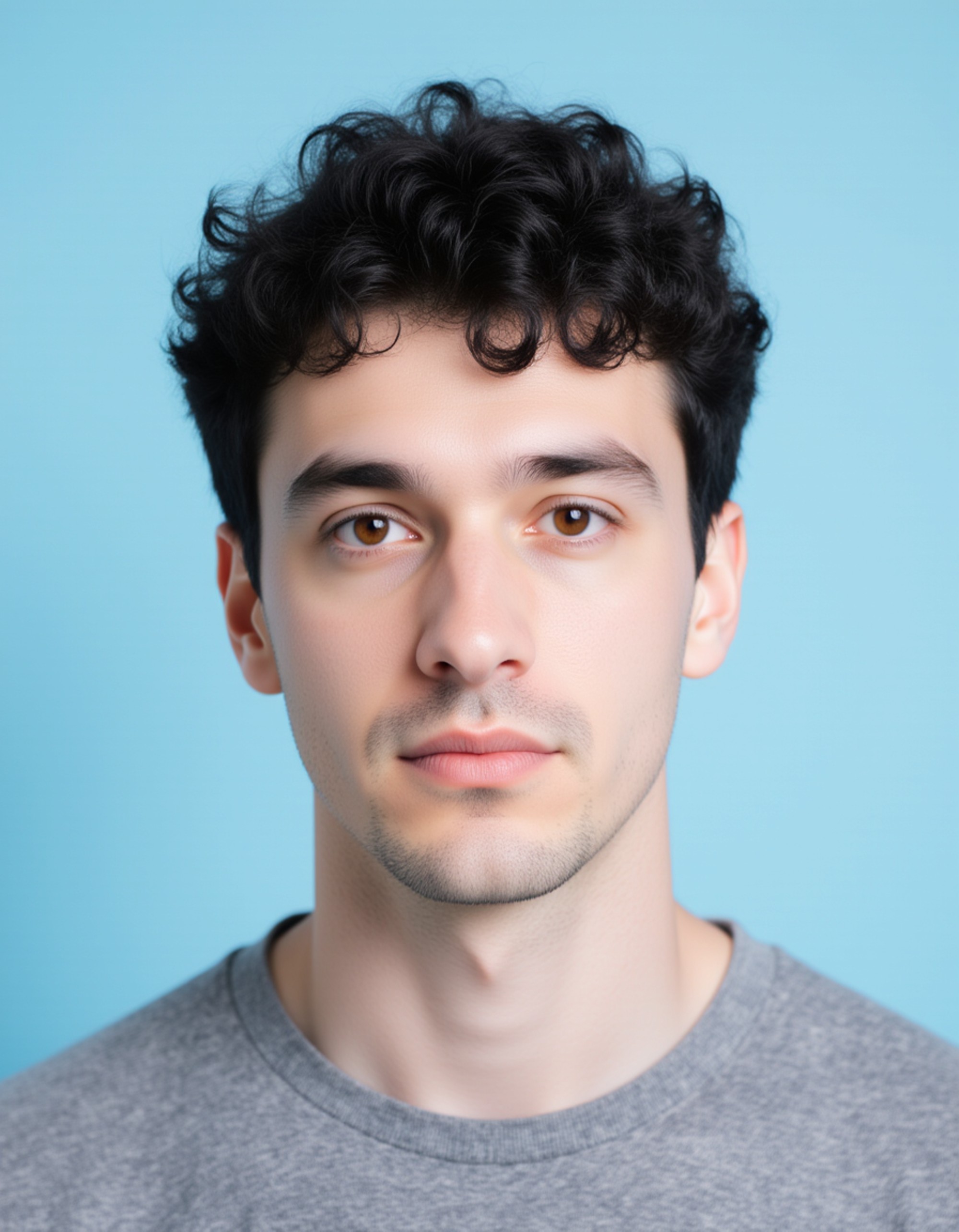 professional passport photo of the model for Chinese passport, neutral expression, looking straight at camera, plain pale blue background, even lighting, no accessories, symmetrical framing, ID photo