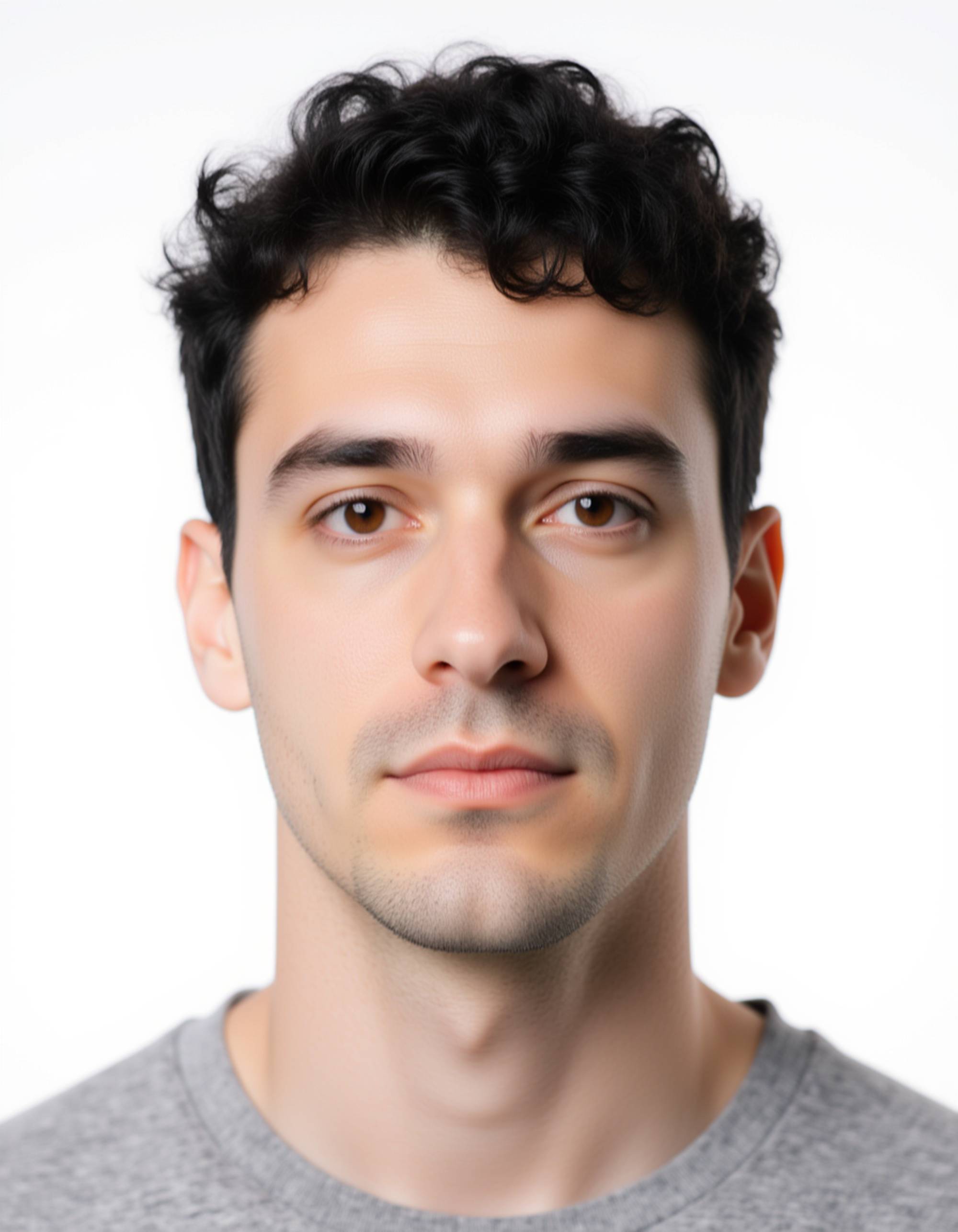 professional passport photo of the model for Mexican passport, neutral expression, looking straight at camera, plain white background, bright balanced lighting, no shadows, symmetrical composition, ID-style