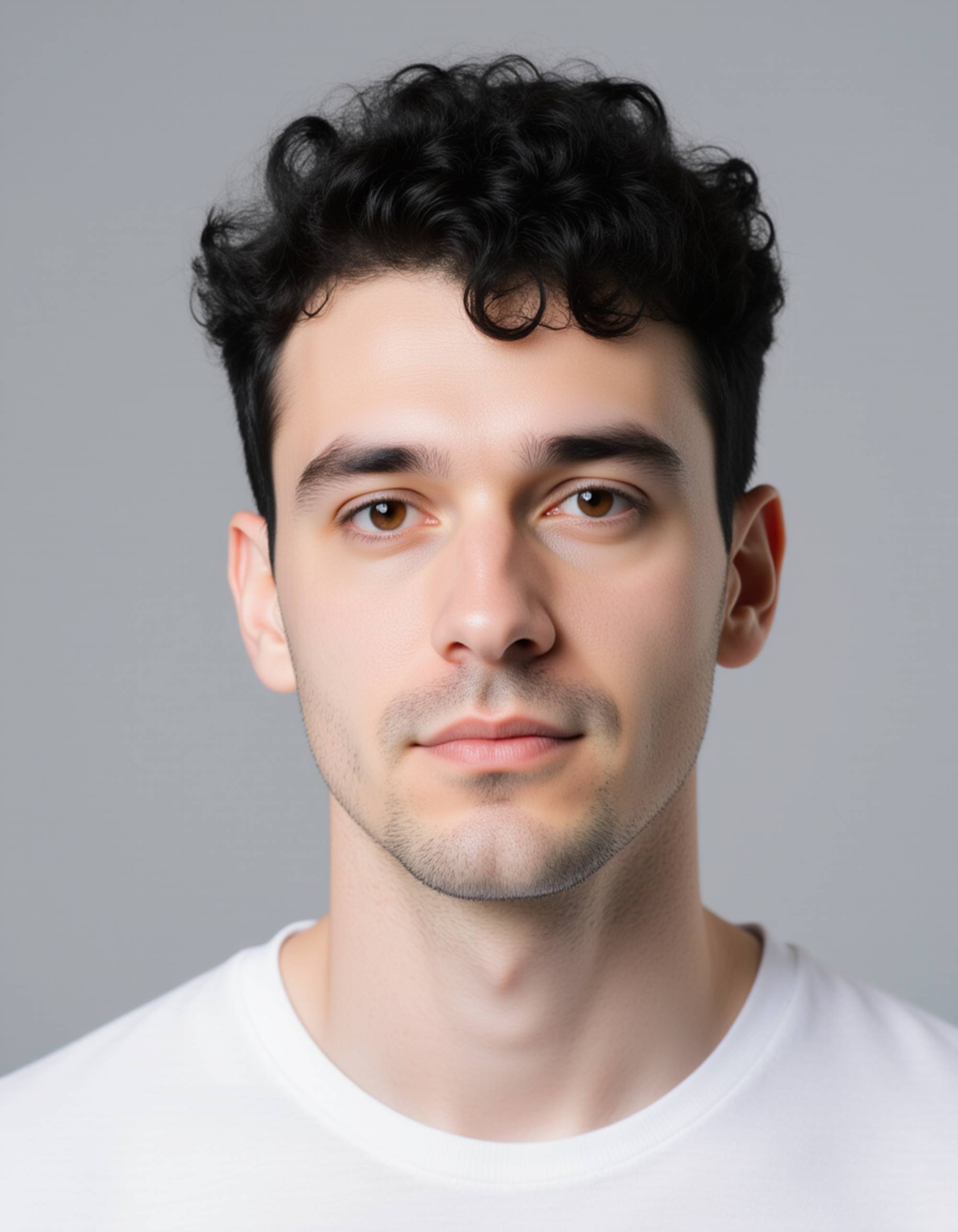 professional passport photo of the model for South African passport, neutral expression, centered head, plain light gray background, soft flash lighting, no accessories, symmetrical composition, ID photo