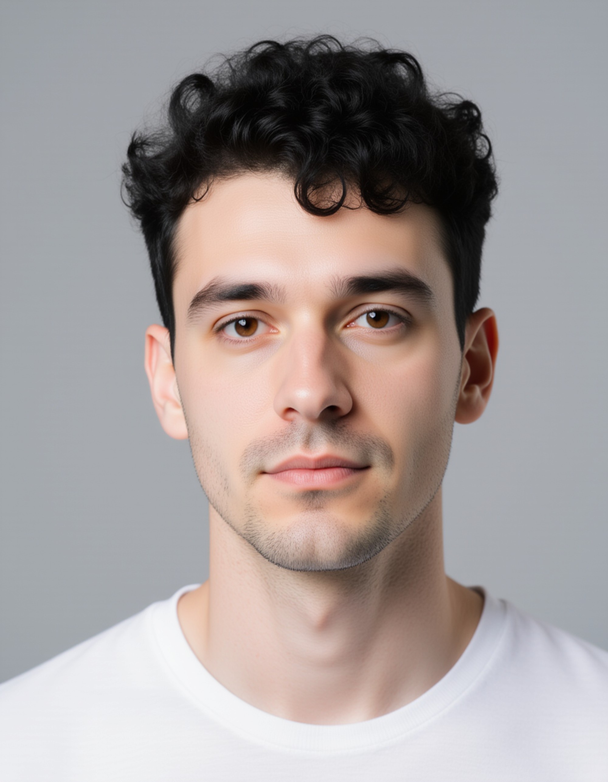 professional passport photo of the model for South African passport, neutral expression, centered head, plain light gray background, soft flash lighting, no accessories, symmetrical composition, ID photo