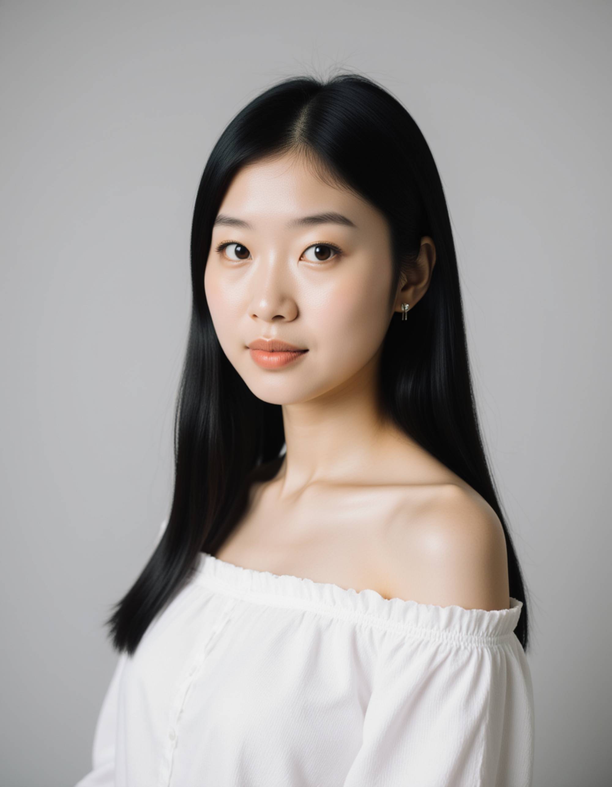 professional passport photo of the model for Turkish passport, neutral expression, looking straight at camera, plain light gray background, diffused lighting, no accessories, symmetrical composition, ID-style