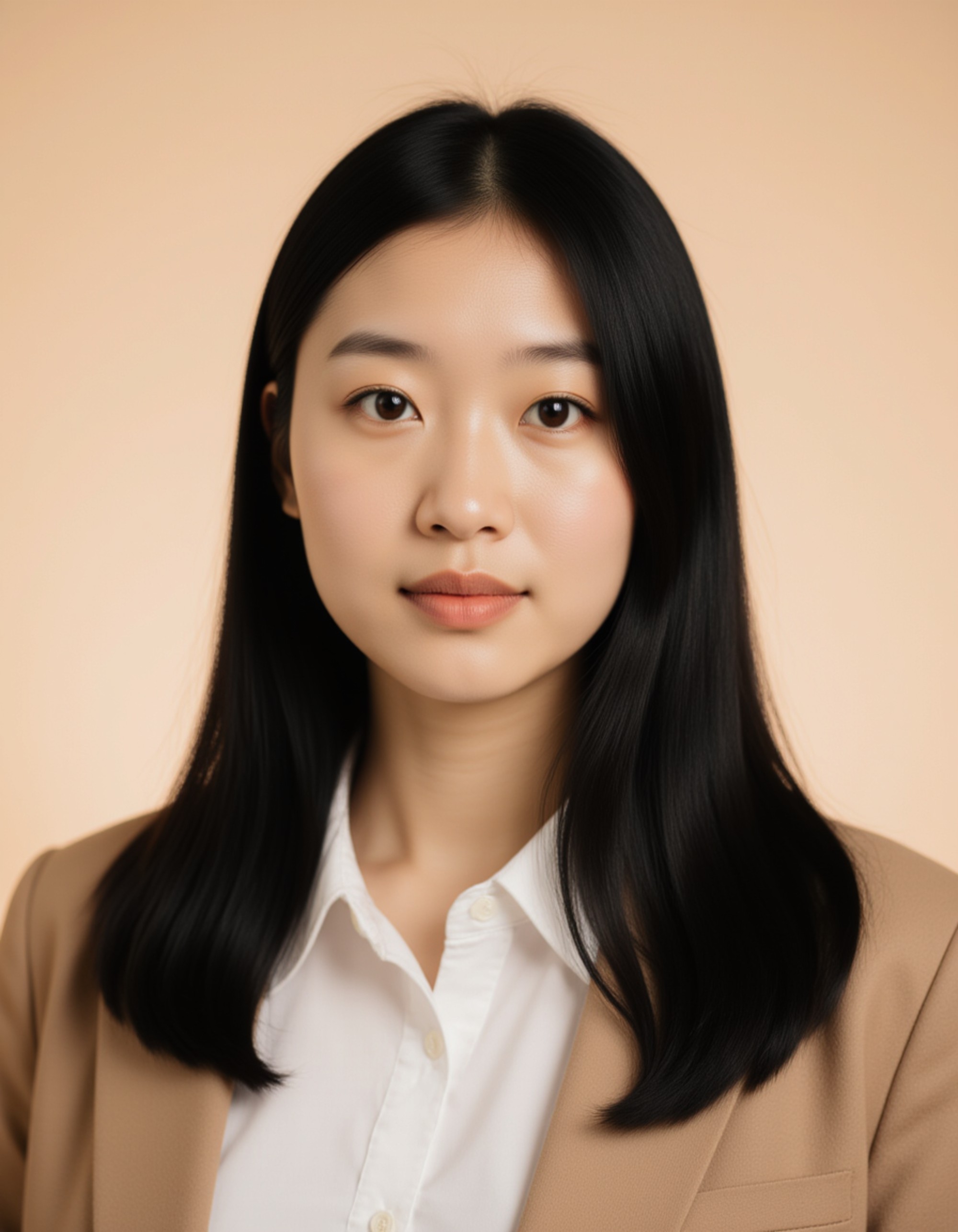 professional passport photo of the model for Saudi Arabian passport, neutral expression, centered head, plain beige background, soft studio lighting, no shadows or accessories, ID photo