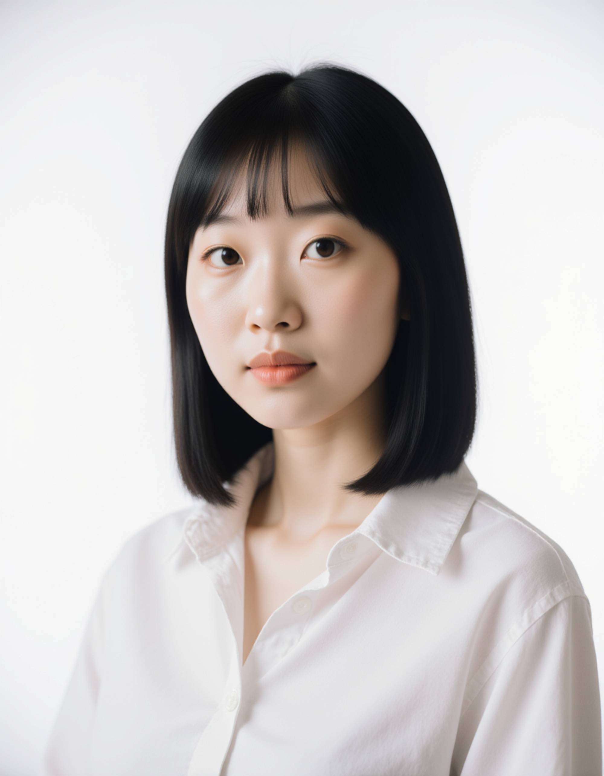 professional passport photo of the model for South Korean passport, neutral expression, looking straight at camera, plain white background, balanced daylight, no accessories, symmetrical framing, ID-style