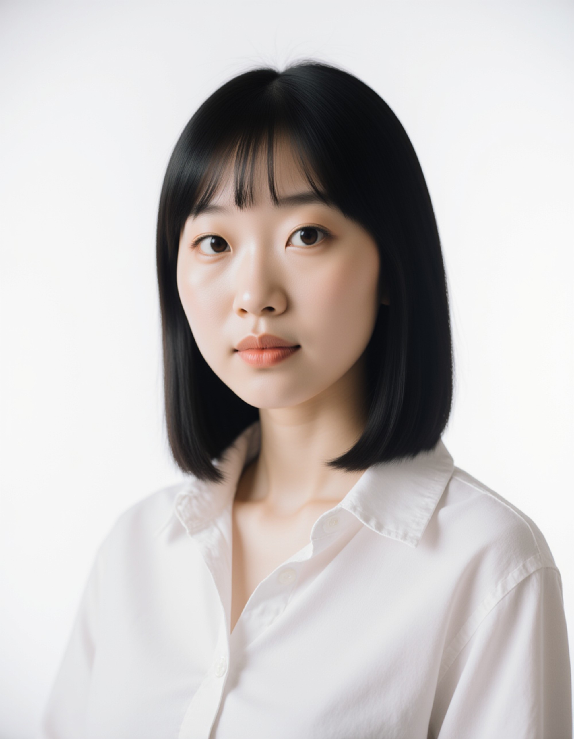 professional passport photo of the model for South Korean passport, neutral expression, looking straight at camera, plain white background, balanced daylight, no accessories, symmetrical framing, ID-style