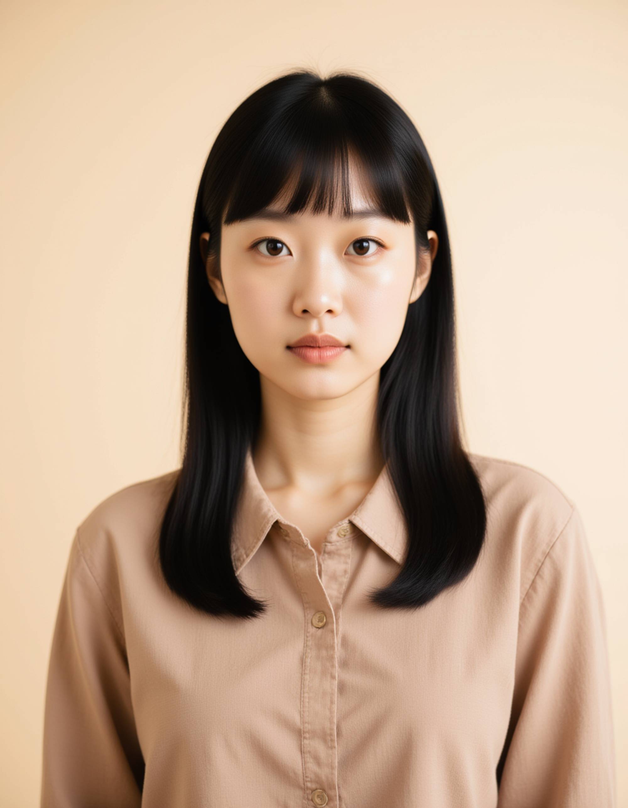 professional passport photo of the model for Nigerian passport, neutral expression, looking straight at camera, plain cream background, even studio lighting, no jewelry, symmetrical composition, ID photo