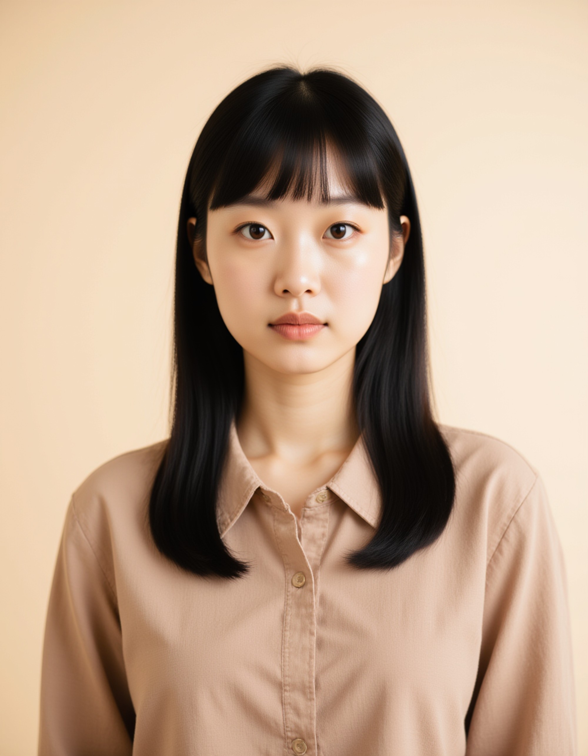 professional passport photo of the model for Nigerian passport, neutral expression, looking straight at camera, plain cream background, even studio lighting, no jewelry, symmetrical composition, ID photo