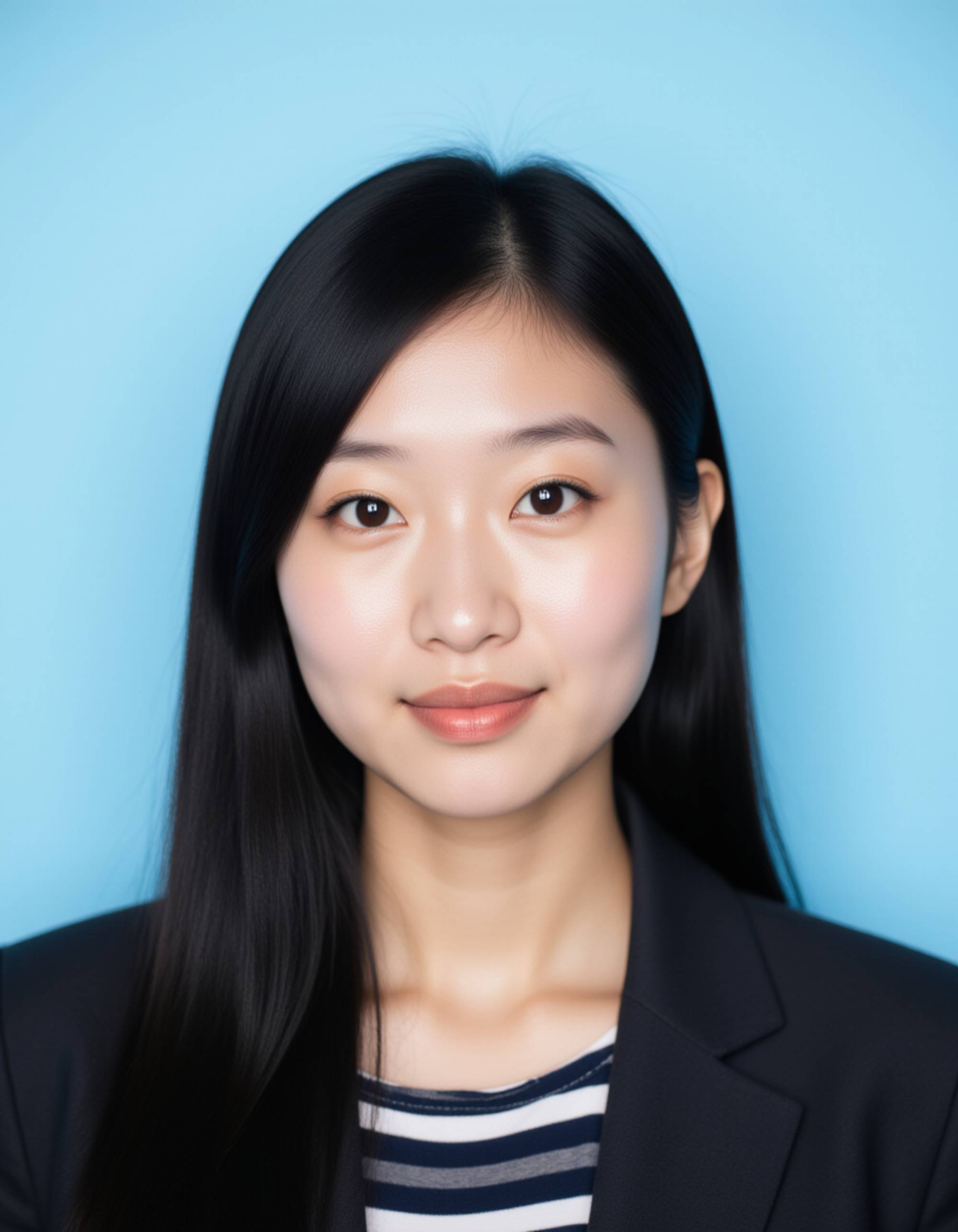 professional passport photo of the model for Egyptian passport, neutral expression, centered head, plain light blue background, balanced soft lighting, no accessories, symmetrical composition, ID-style