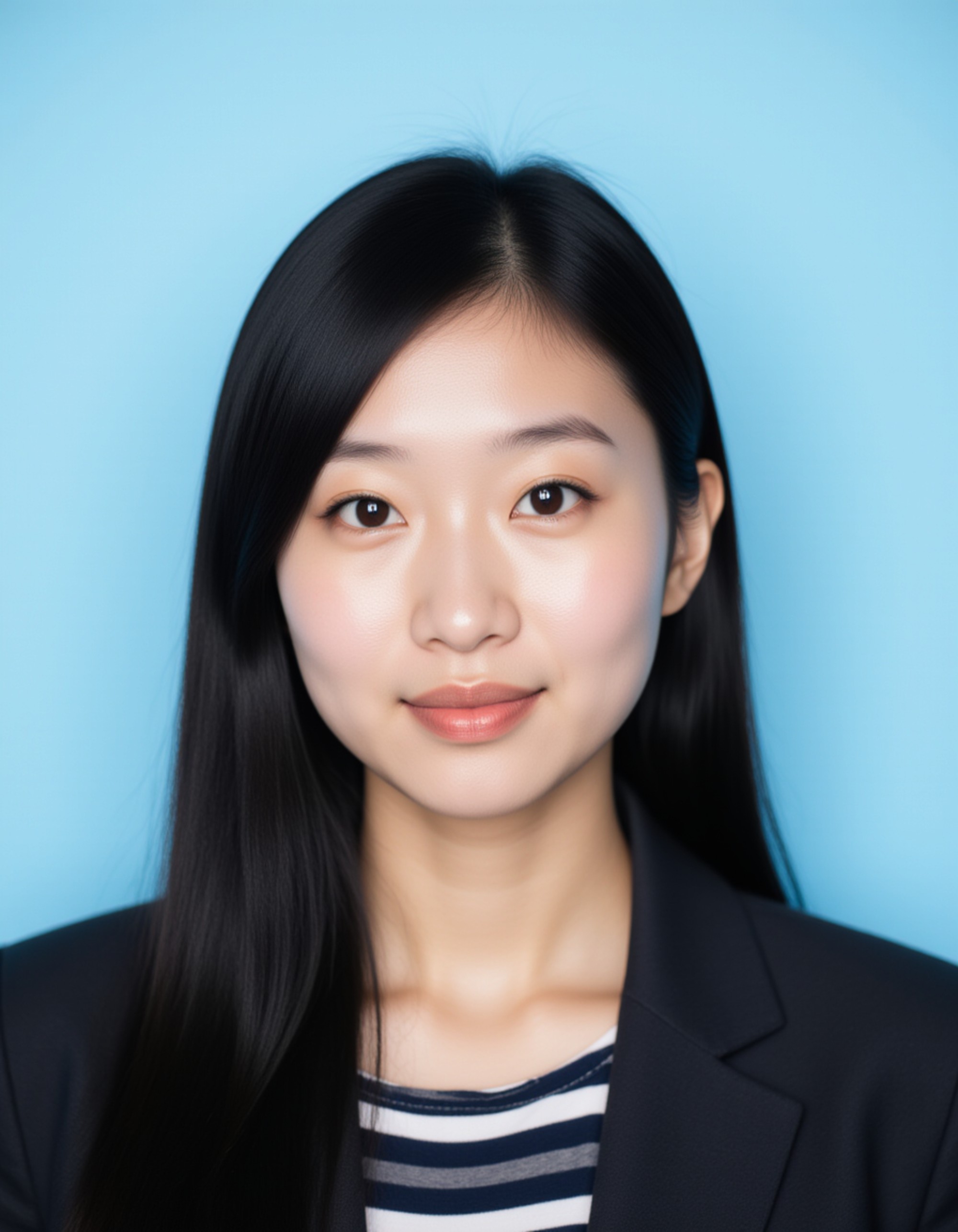 professional passport photo of the model for Egyptian passport, neutral expression, centered head, plain light blue background, balanced soft lighting, no accessories, symmetrical composition, ID-style