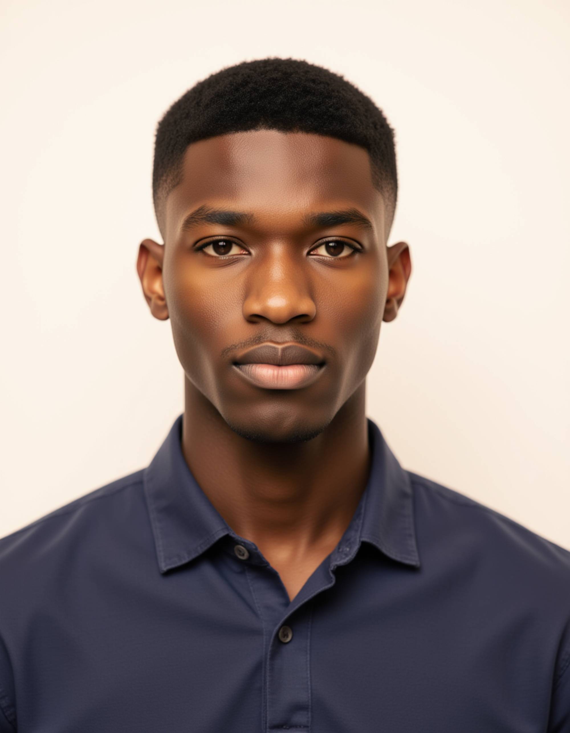 professional passport photo of the model for Singaporean passport, neutral expression, looking straight at camera, plain off-white background, bright balanced lighting, no accessories, symmetrical composition, ID photo