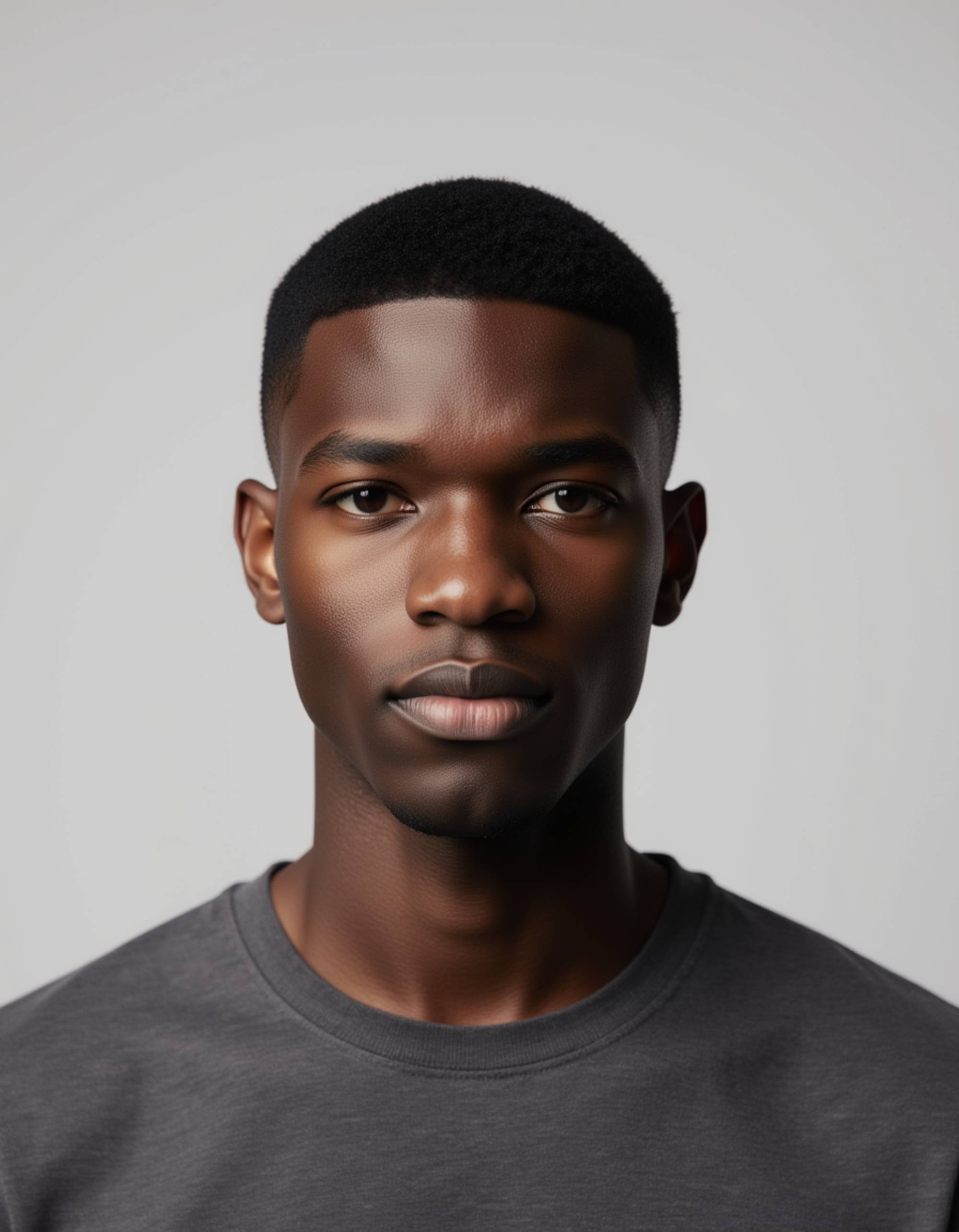 professional passport photo of the model for Kenyan passport, neutral expression, centered head, plain light gray background, soft daylight, no accessories, symmetrical composition, ID-style