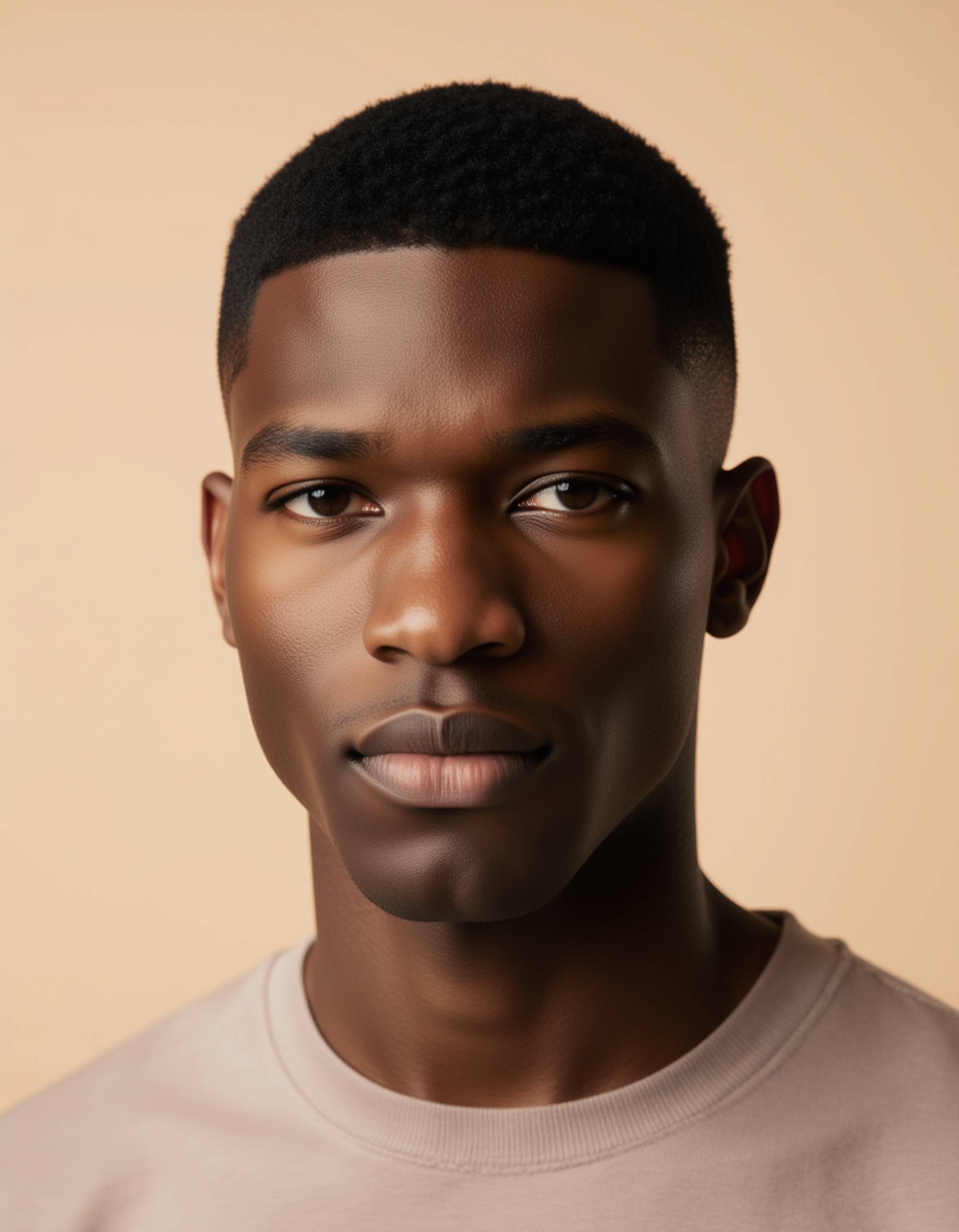 professional passport photo of the model for Swiss passport, neutral expression, looking straight at camera, plain light beige background, soft studio lighting, no shadows, ID photo