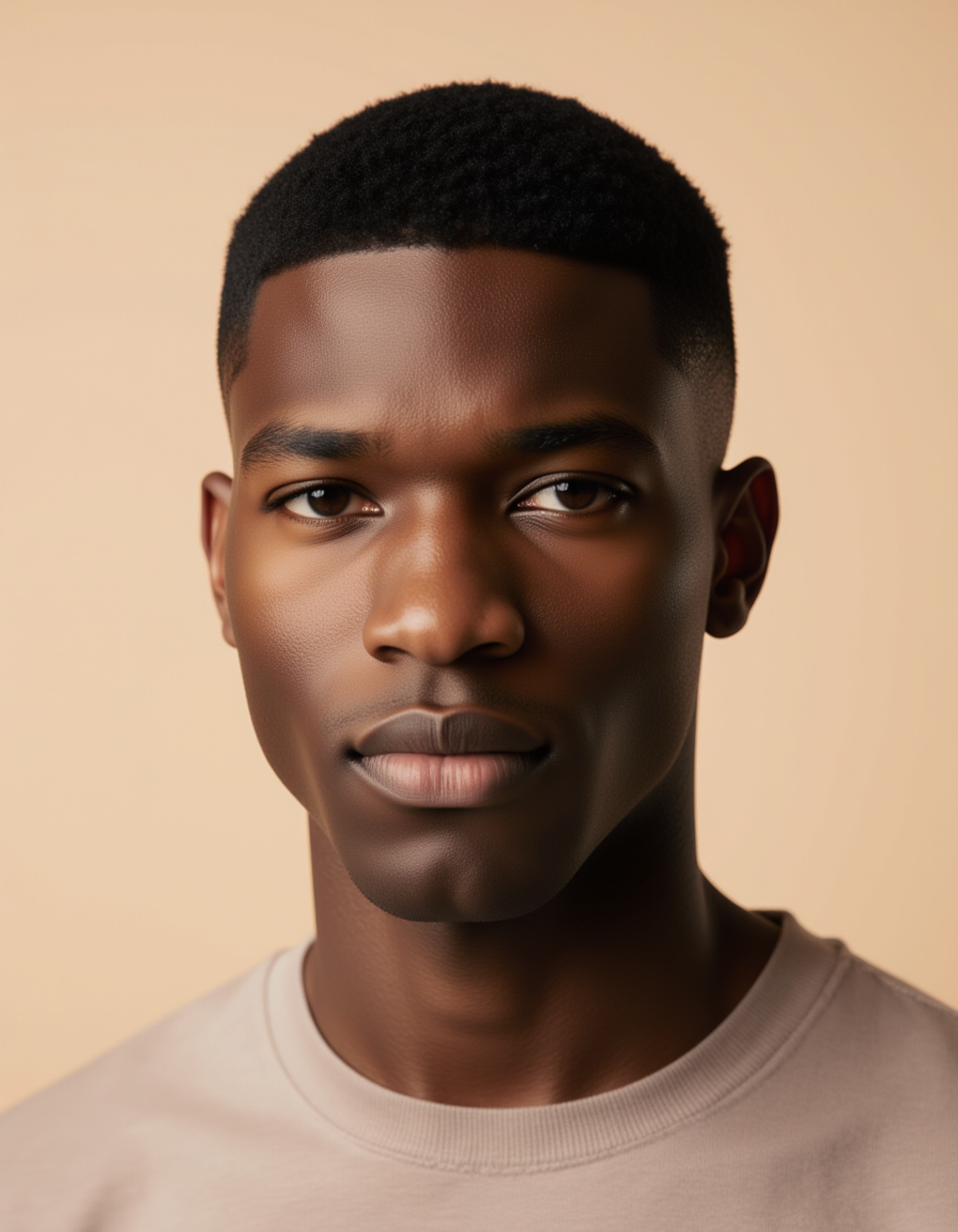 professional passport photo of the model for Swiss passport, neutral expression, looking straight at camera, plain light beige background, soft studio lighting, no shadows, ID photo