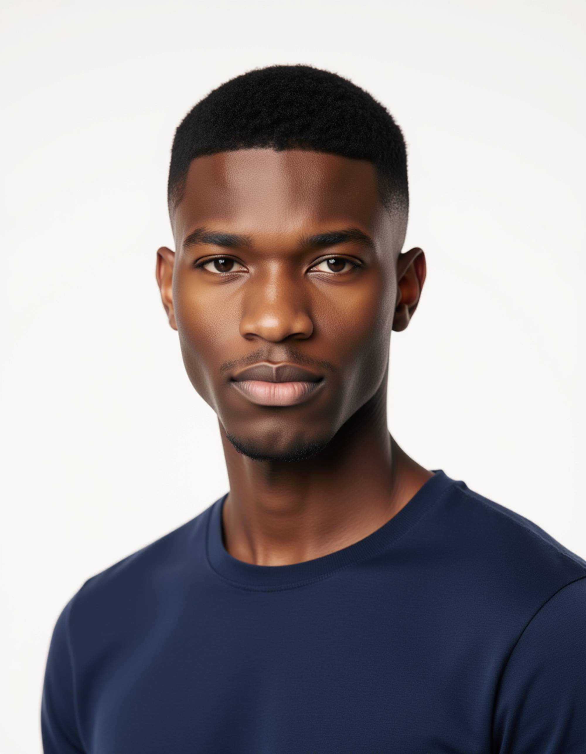 professional passport photo of the model for Argentine passport, neutral expression, looking straight at camera, plain white background, balanced flash lighting, no accessories, symmetrical framing, ID-style