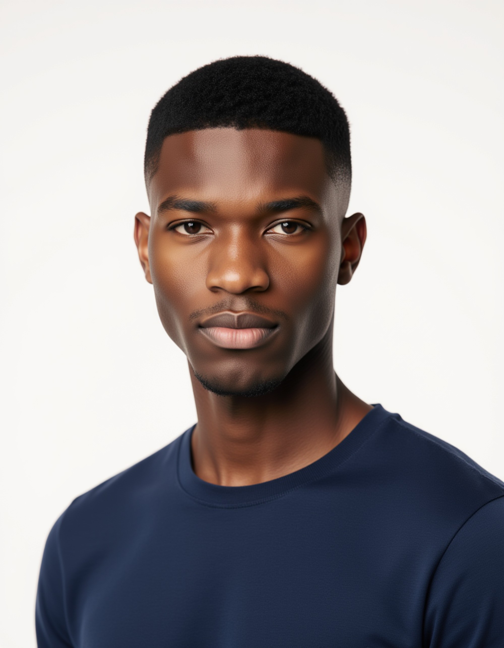 professional passport photo of the model for Argentine passport, neutral expression, looking straight at camera, plain white background, balanced flash lighting, no accessories, symmetrical framing, ID-style