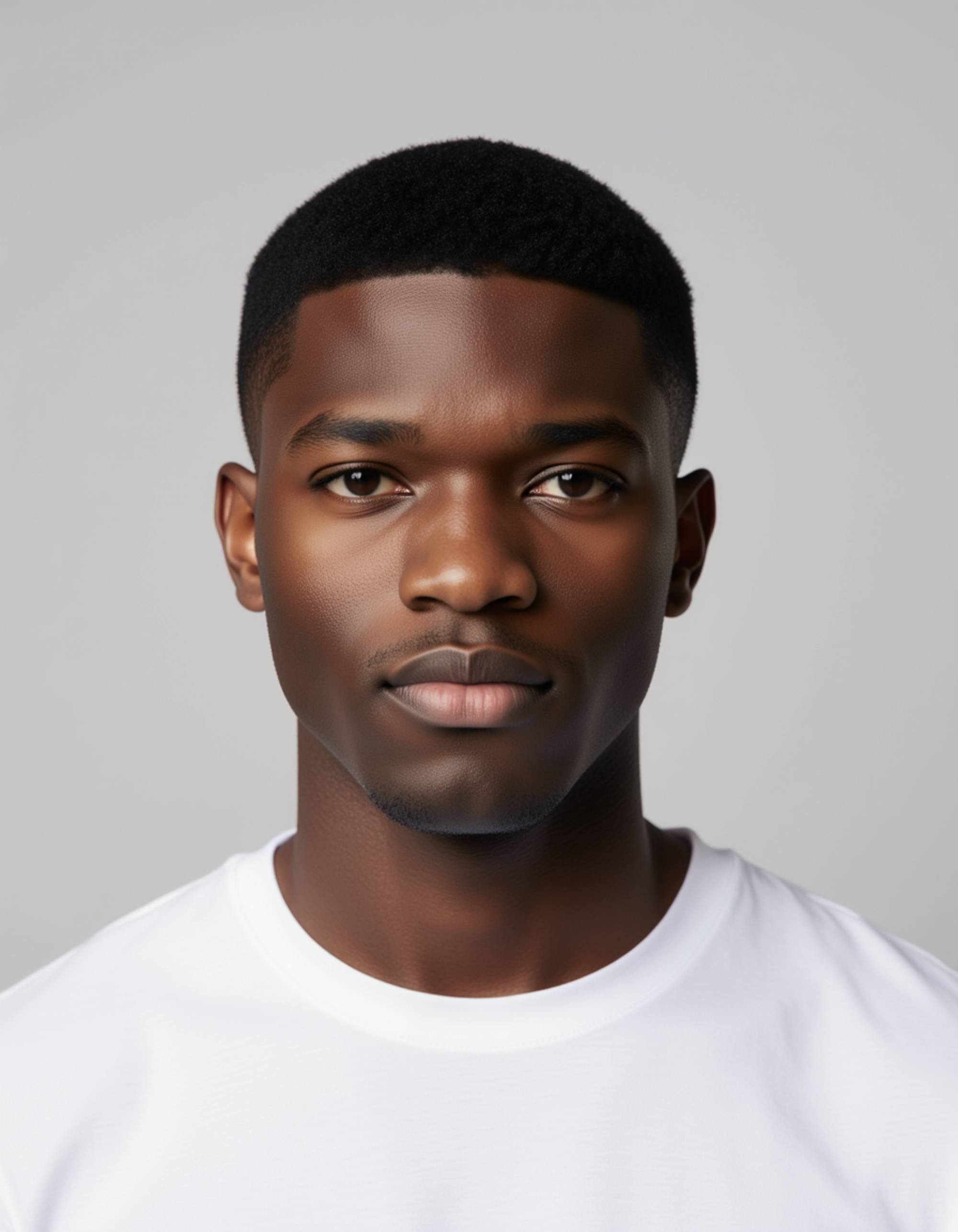 professional passport photo of the model for Emirati passport, neutral expression, centered head, plain light gray background, soft studio lighting, no jewelry or hats, symmetrical composition, ID photo