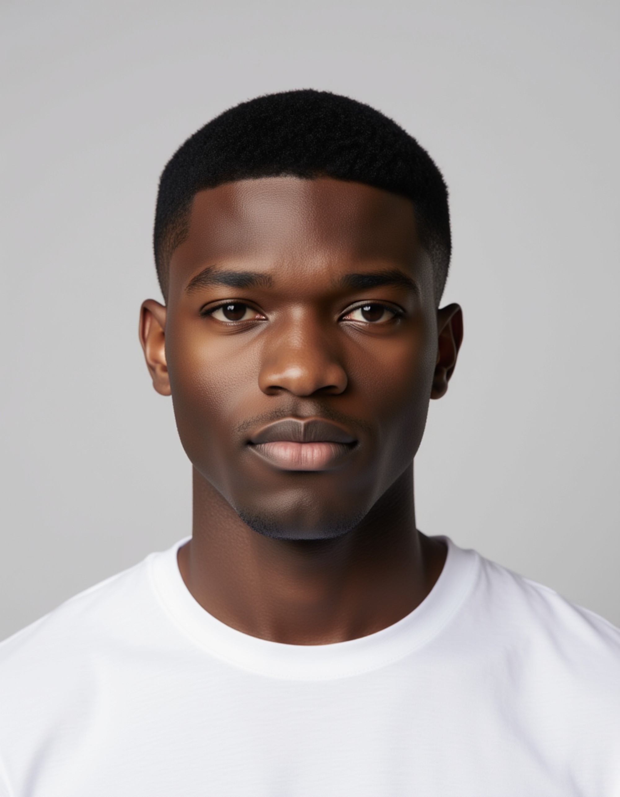 professional passport photo of the model for Emirati passport, neutral expression, centered head, plain light gray background, soft studio lighting, no jewelry or hats, symmetrical composition, ID photo