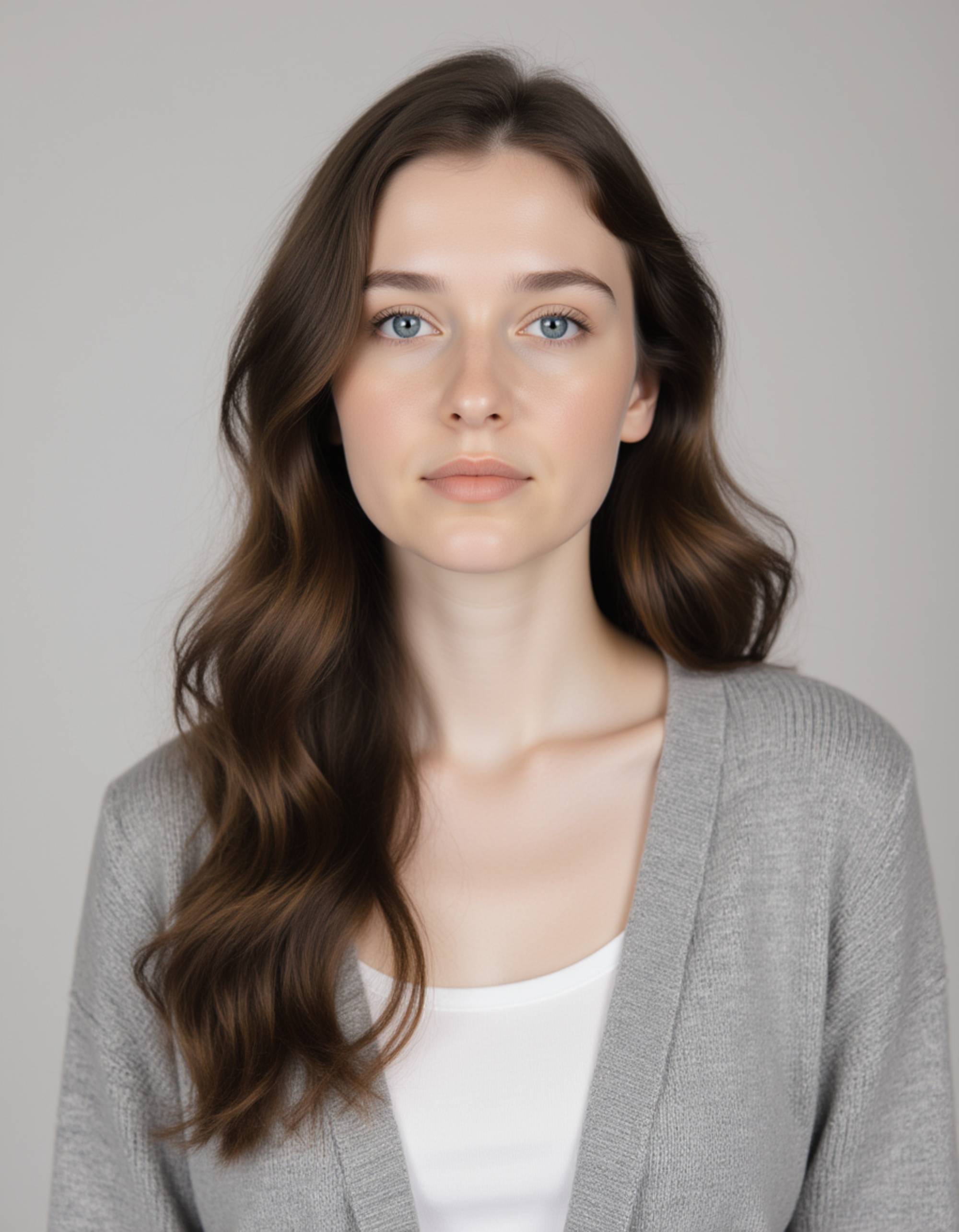 professional passport photo of the model for Swedish passport, neutral expression, looking straight at camera, plain light gray background, balanced daylight, no accessories, symmetrical composition, ID photo