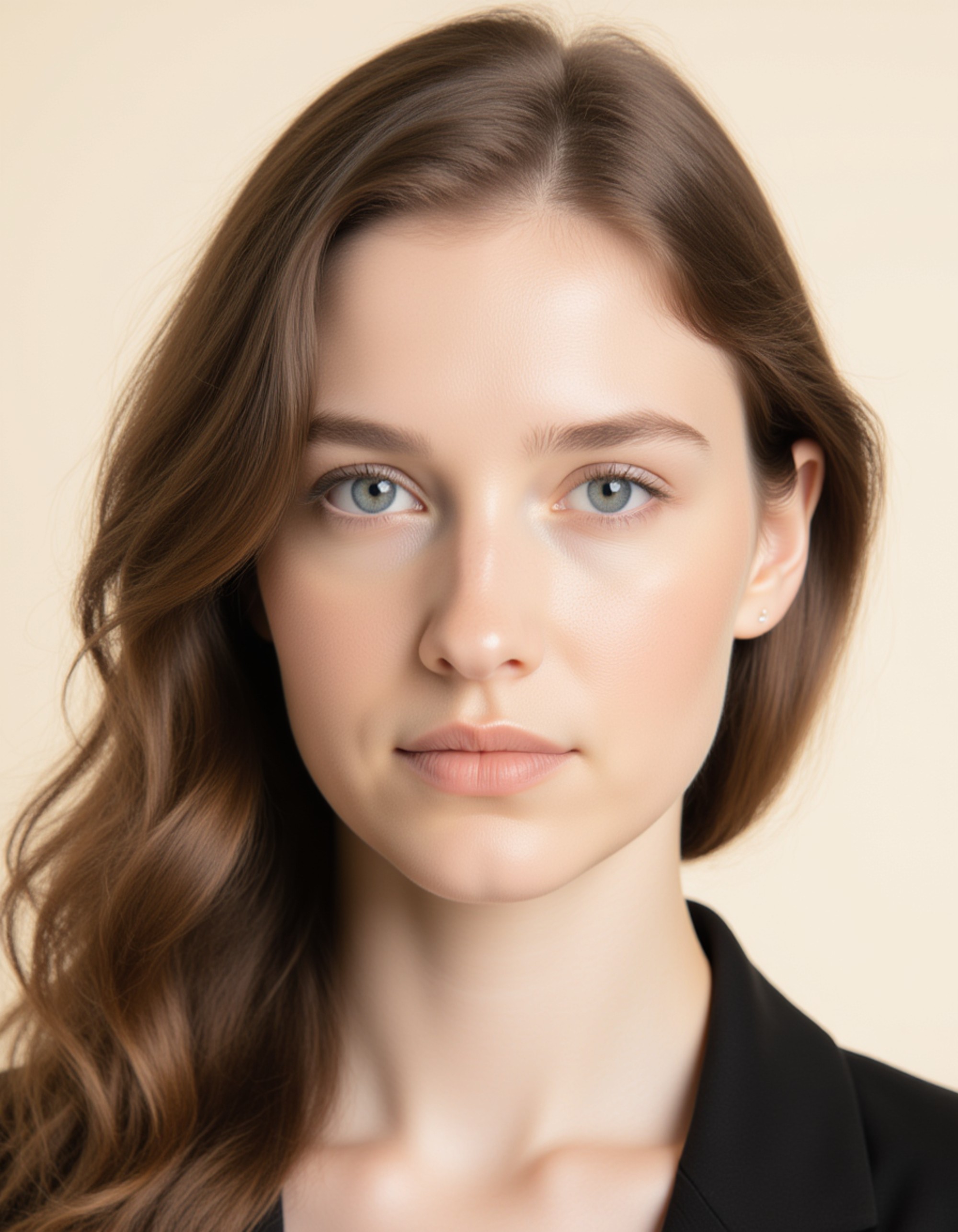 professional passport photo of the model for Belgian passport, neutral expression, centered head, plain ivory background, soft studio lighting, no shadows, symmetrical composition, ID-style