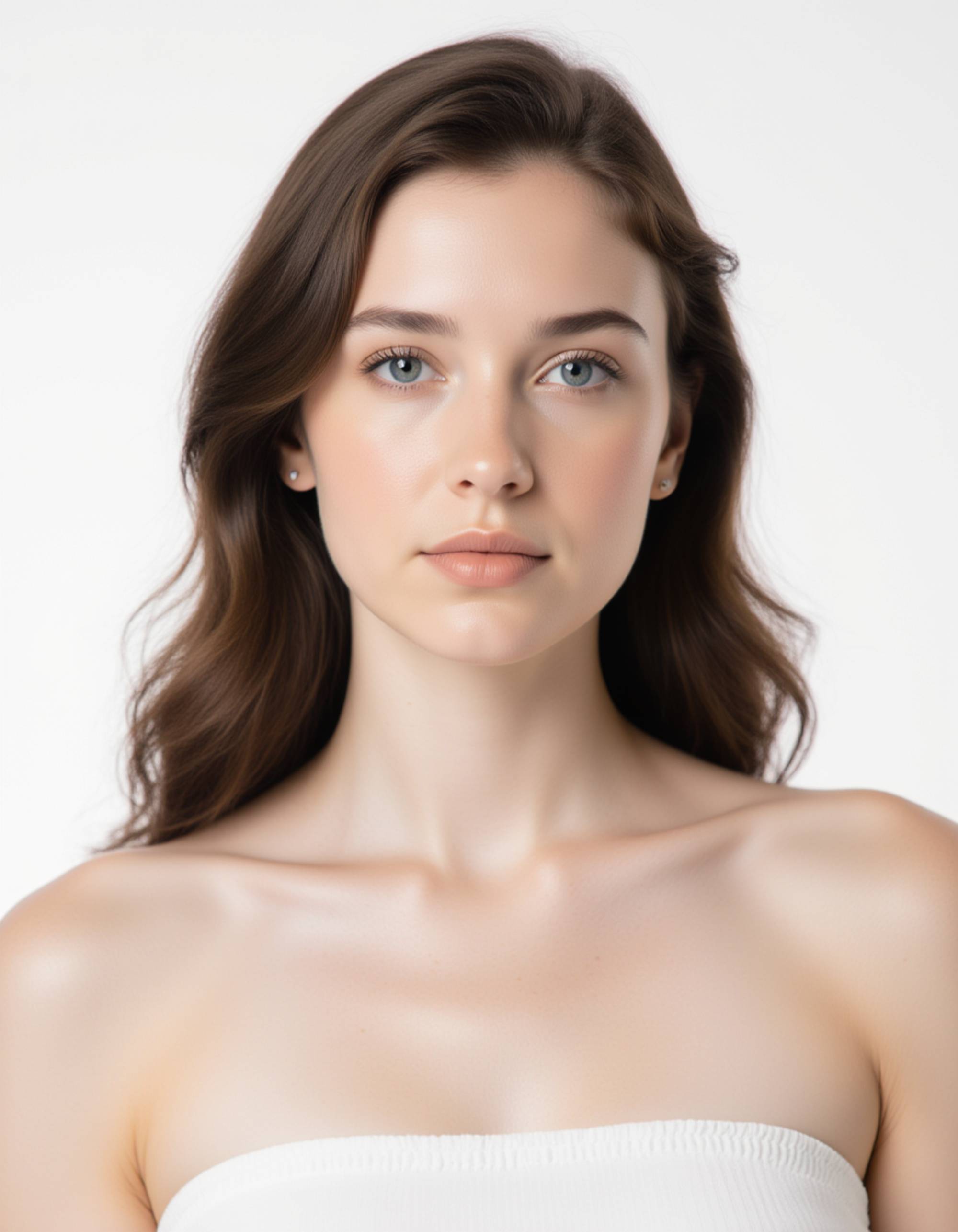 professional passport photo of the model for Moroccan passport, neutral expression, looking straight at camera, plain white background, soft flash lighting, no jewelry, symmetrical composition, ID photo