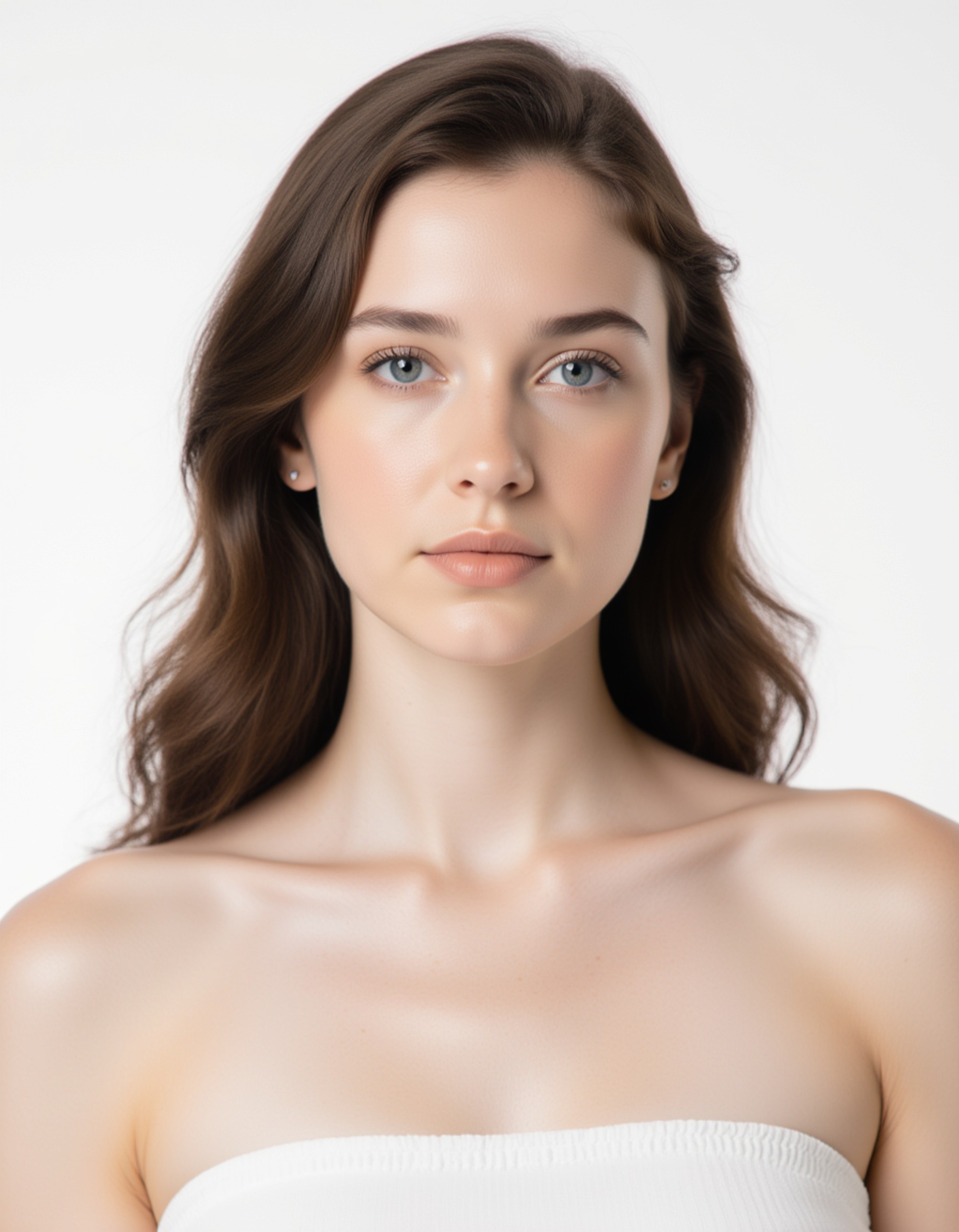 professional passport photo of the model for Moroccan passport, neutral expression, looking straight at camera, plain white background, soft flash lighting, no jewelry, symmetrical composition, ID photo