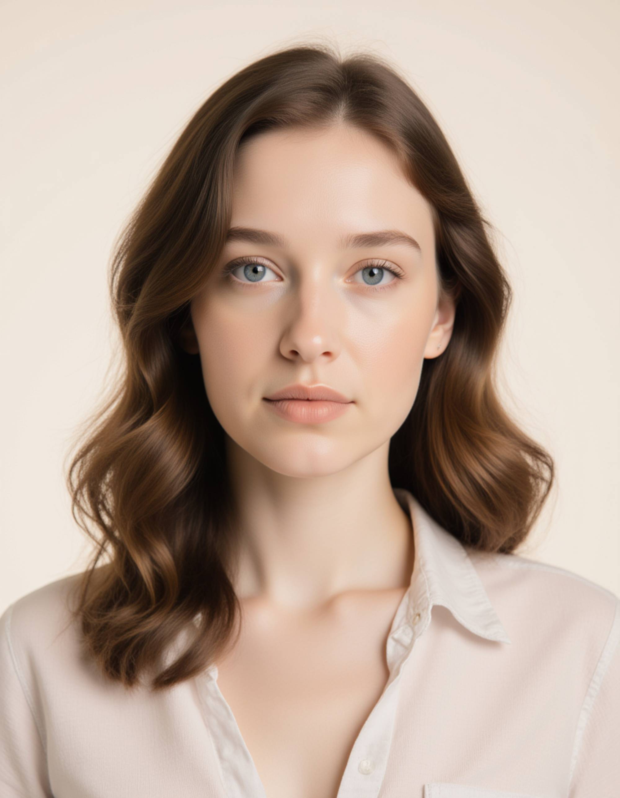 professional passport photo of the model for Dutch passport, neutral expression, centered head, plain off-white background, even daylight, no shadows or reflections, symmetrical composition, ID-style