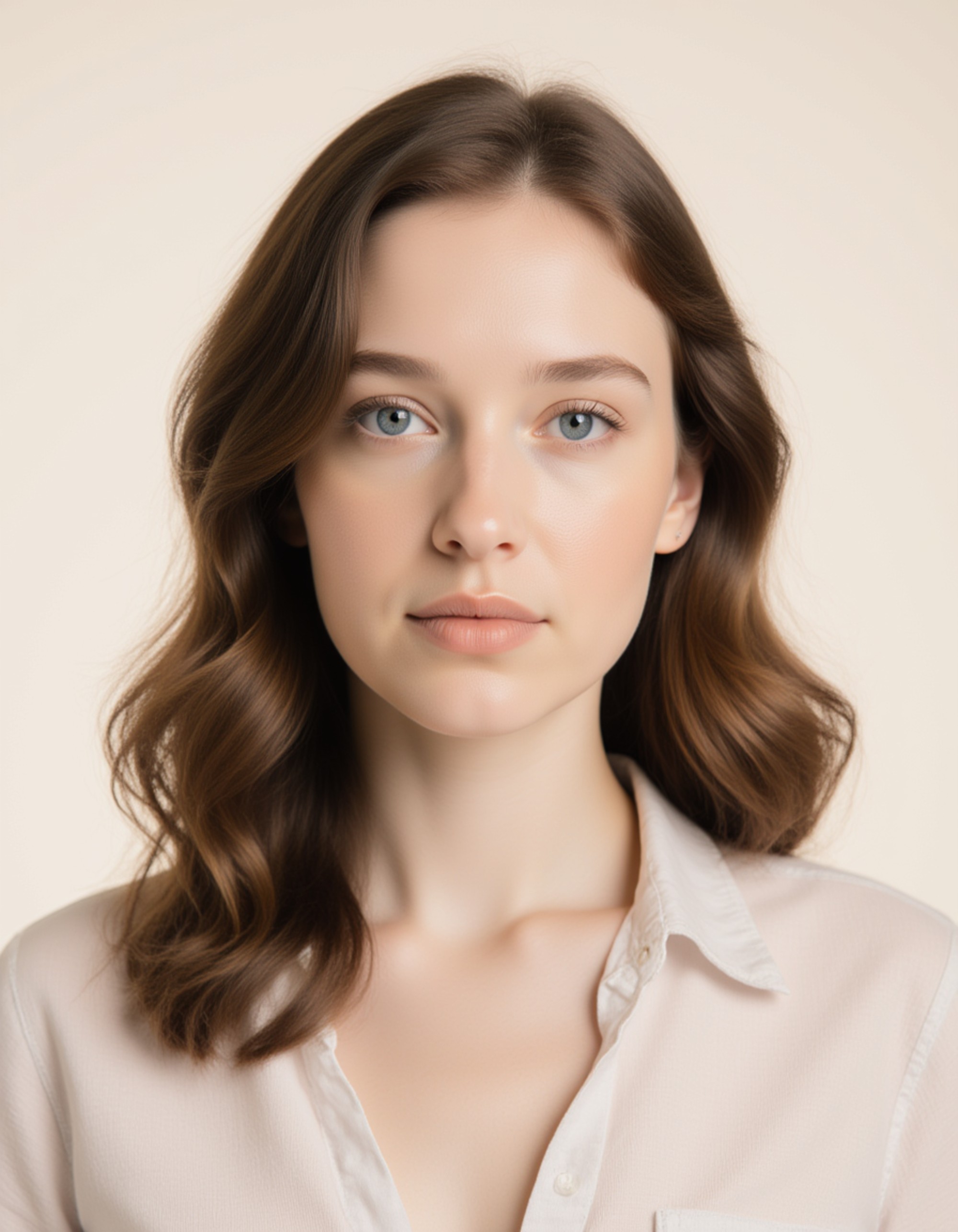 professional passport photo of the model for Dutch passport, neutral expression, centered head, plain off-white background, even daylight, no shadows or reflections, symmetrical composition, ID-style
