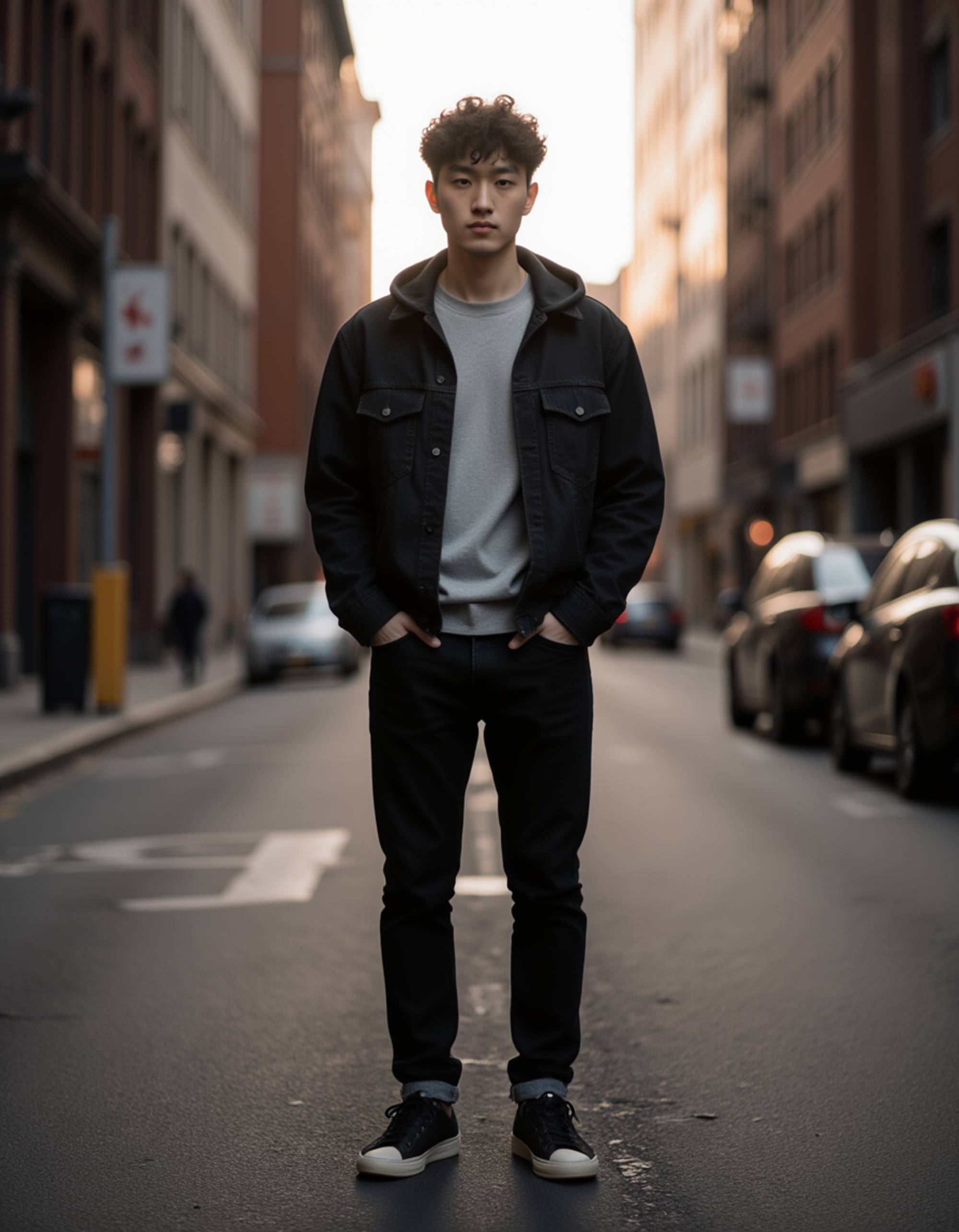 Full-body portrait of a male model in an urban alleyway. Confident pose, hands in pockets, dressed in layered streetwear. Natural lighting with cinematic tones, authentic street photography aesthetic.